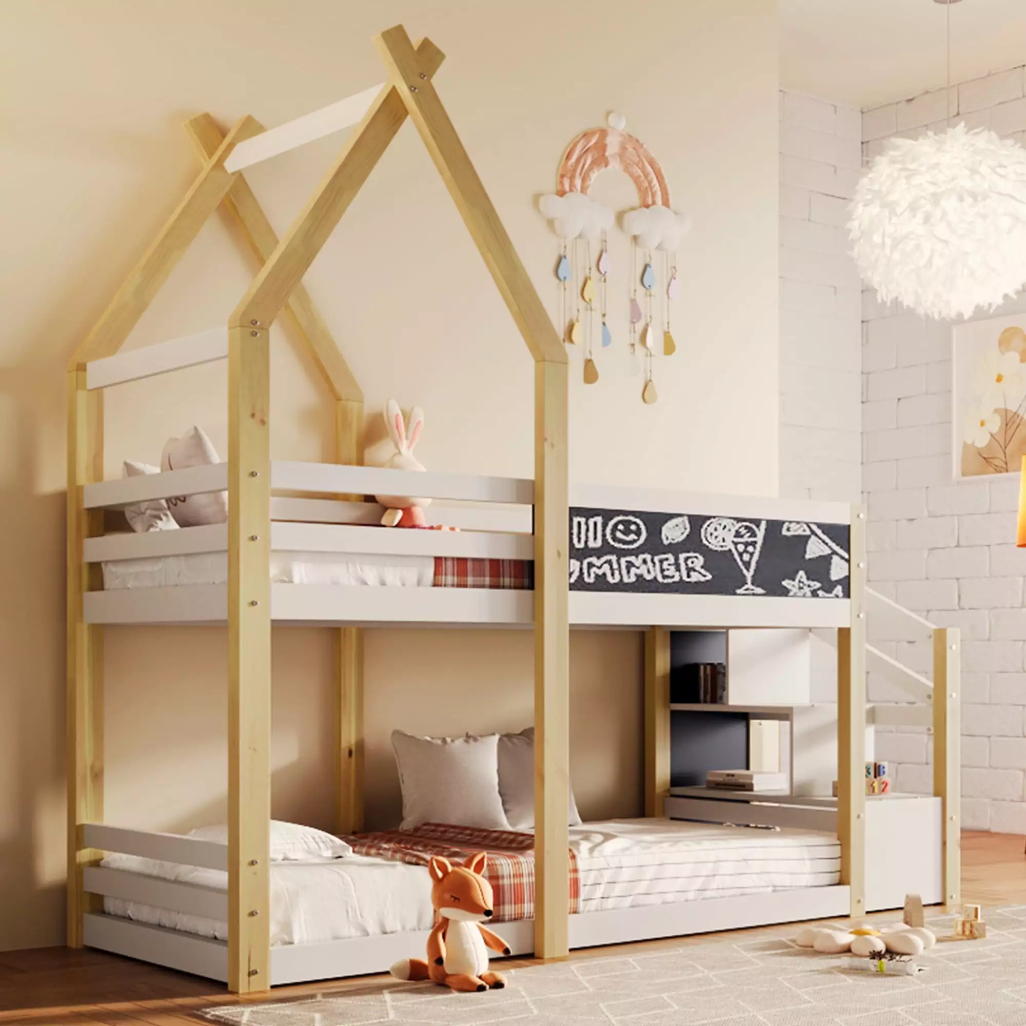 Bellemave Twin Over Twin House Bunk Bed Storage Staircase and Blackboard - Low Floor Bunk Bed Frame Kids White