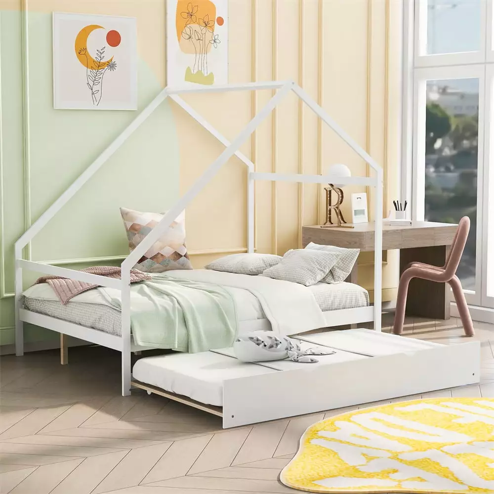 Wooden Houtilize Bed Twin Size Trundle - Full Size Floor Platform Bed Frame Roof and Headboard ARCTICSCORPION