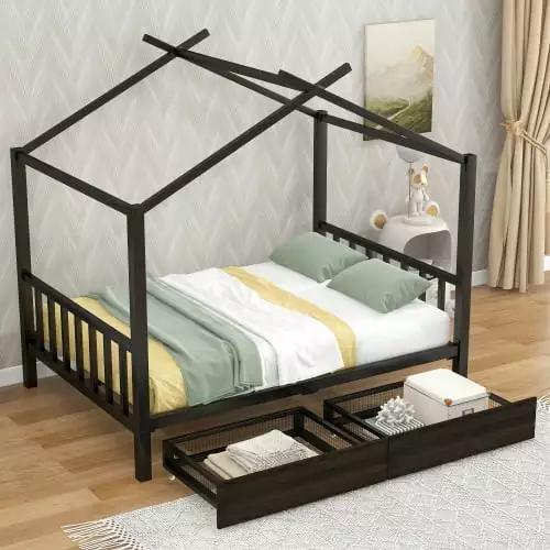 Metal Full Houtilize Bed Kids 2 Drawers and Roof Black Triple Tree