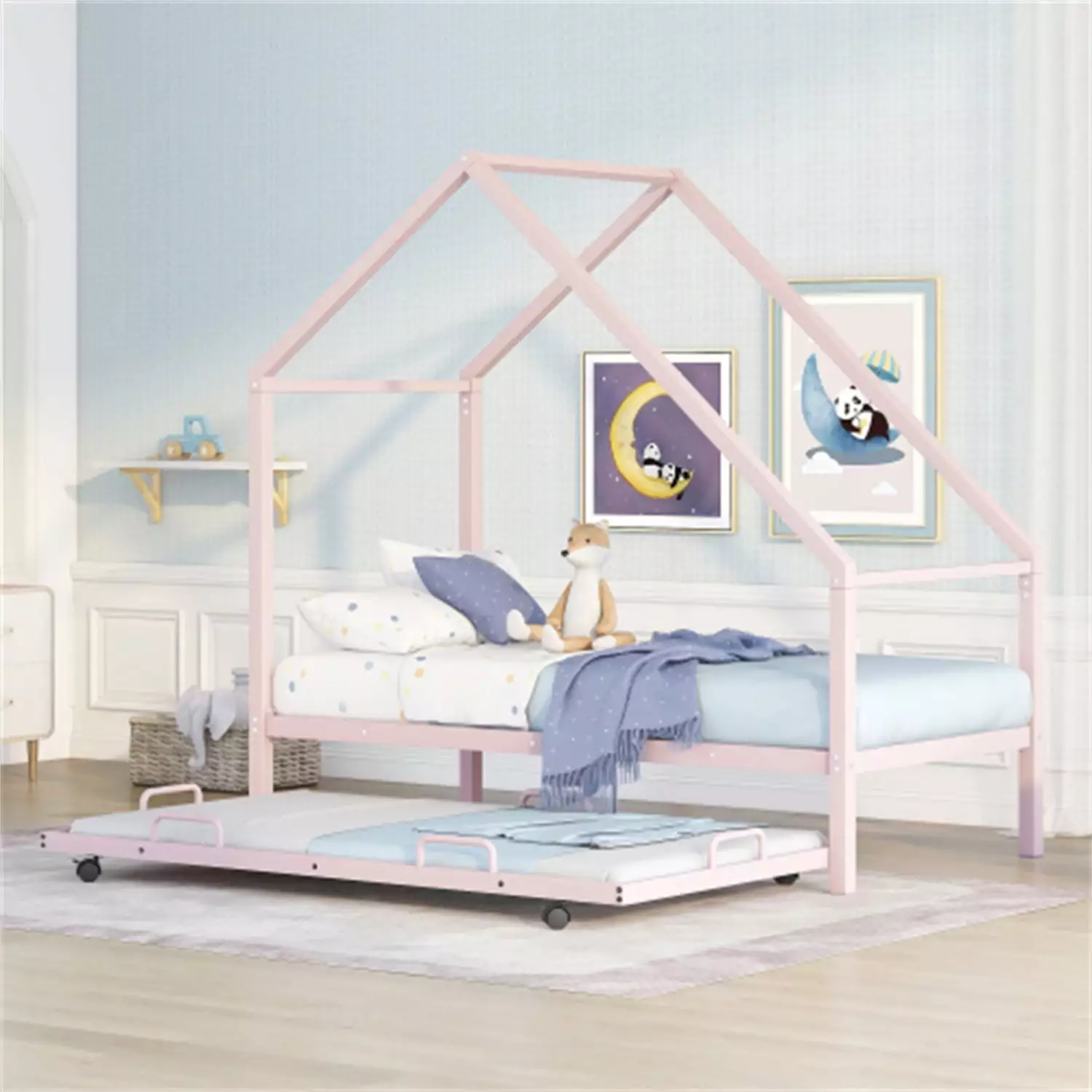 Twin Size Houtilize Bed Trundle - Metal Bed Frame Roof and Slats Boys, Girls, and Teens Triple Tree