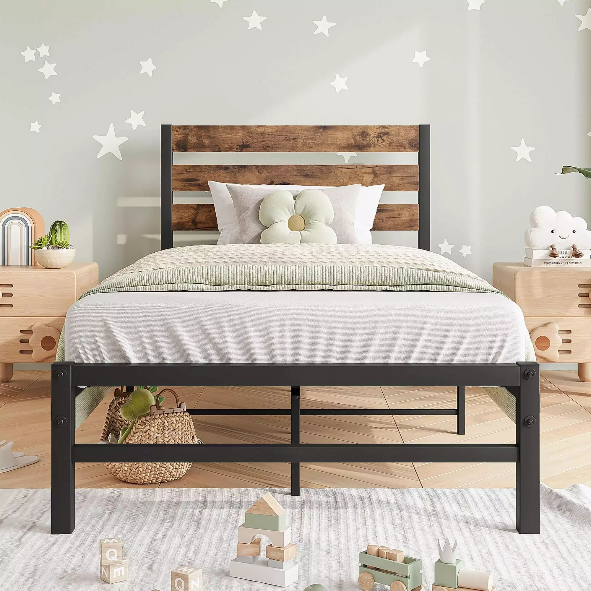 PAPROOS Twin Metal Bed Frame Industrial Style Wooden Headboard Heavy Duty Platform Bed Black