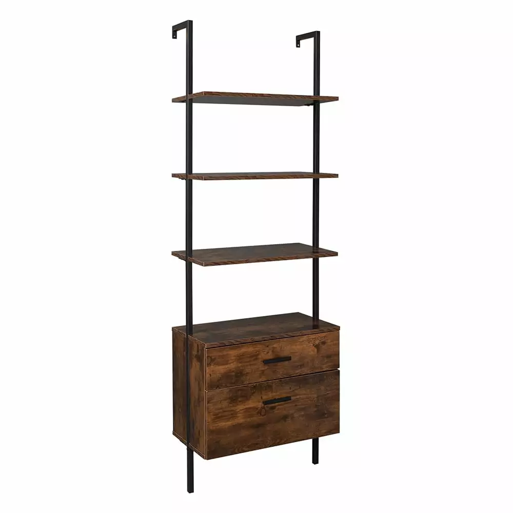 kepooman 5-Tier Industrial Bookshelf Wood Drawers and Matte Steel Frame Vintage Display Case Storage Shelves