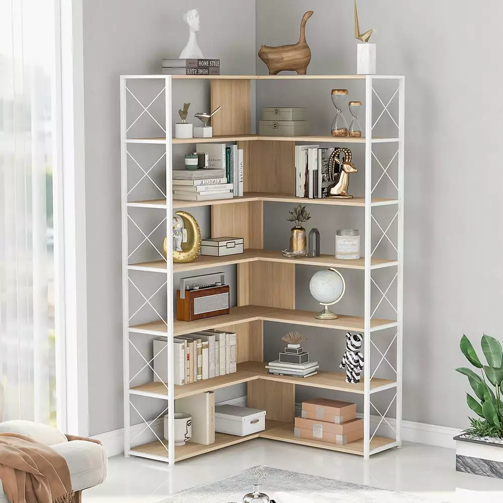 Resenkos 7-Tier Bookcase Home Office Bookshelf L-Shaped Corner Bookcase Metal Frame Industrial Style Shelf Open Storage Oa...