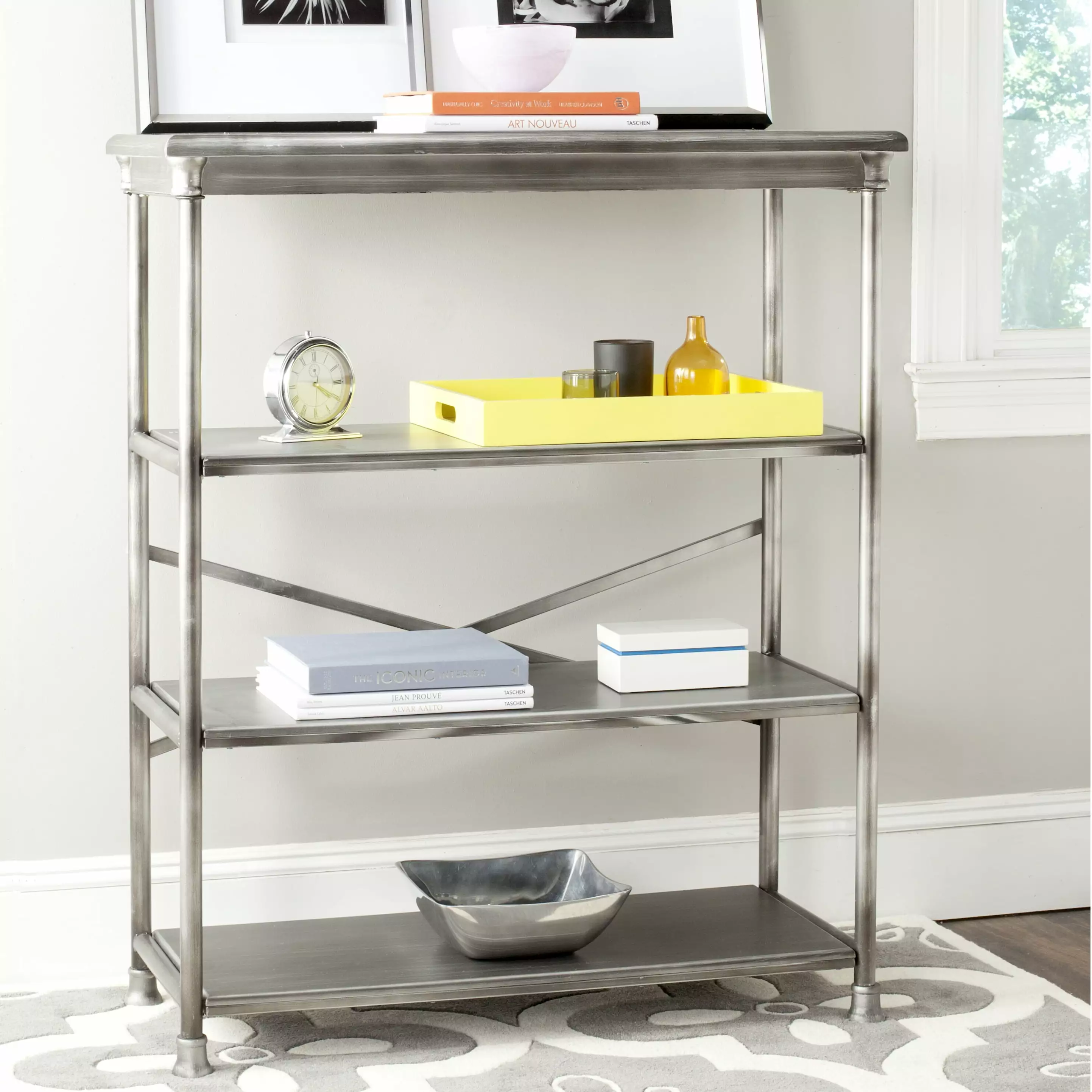 SAFAVIEH Jamison 3 Tier Industrial Glam Large Bookcase Dark Silver