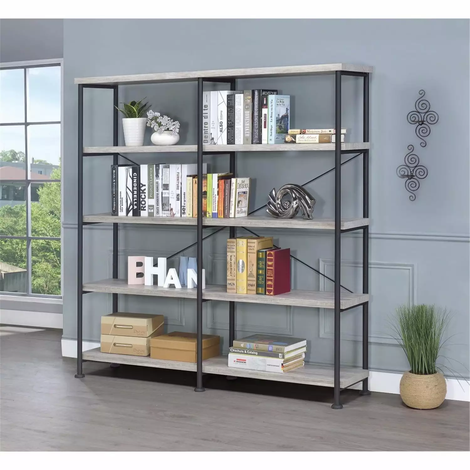 Urban Port 63 Inch Industrial 4 Tier Bookshelf Gray and Black Benzara