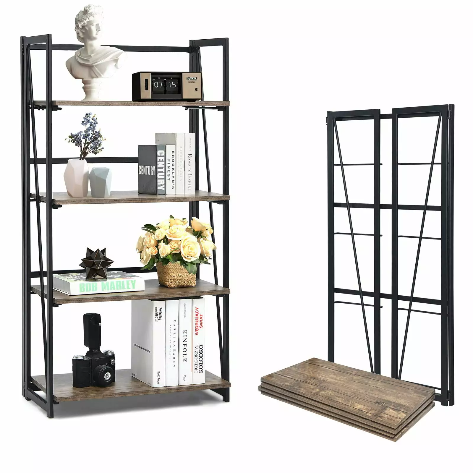 Giantex 4-Tier Folding Bookshelf Industrial Bookcase Freestanding Storage Shelves No Assembly