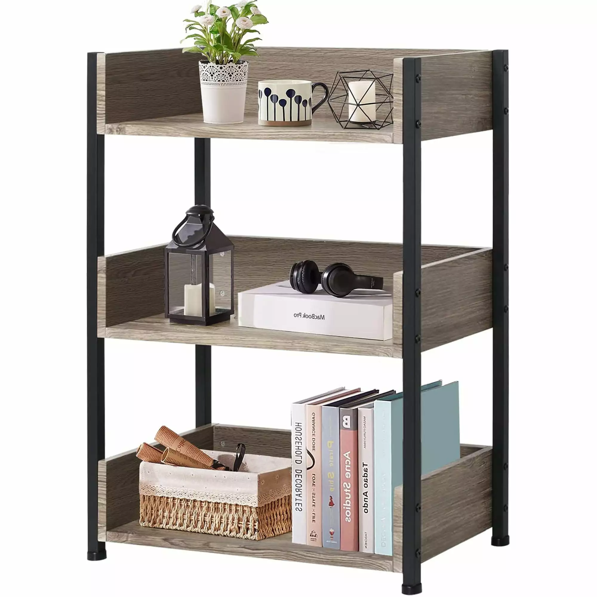 VECELO 3-Tier Industrial Style Wooden Bookshelf Storage Display Rack Brown