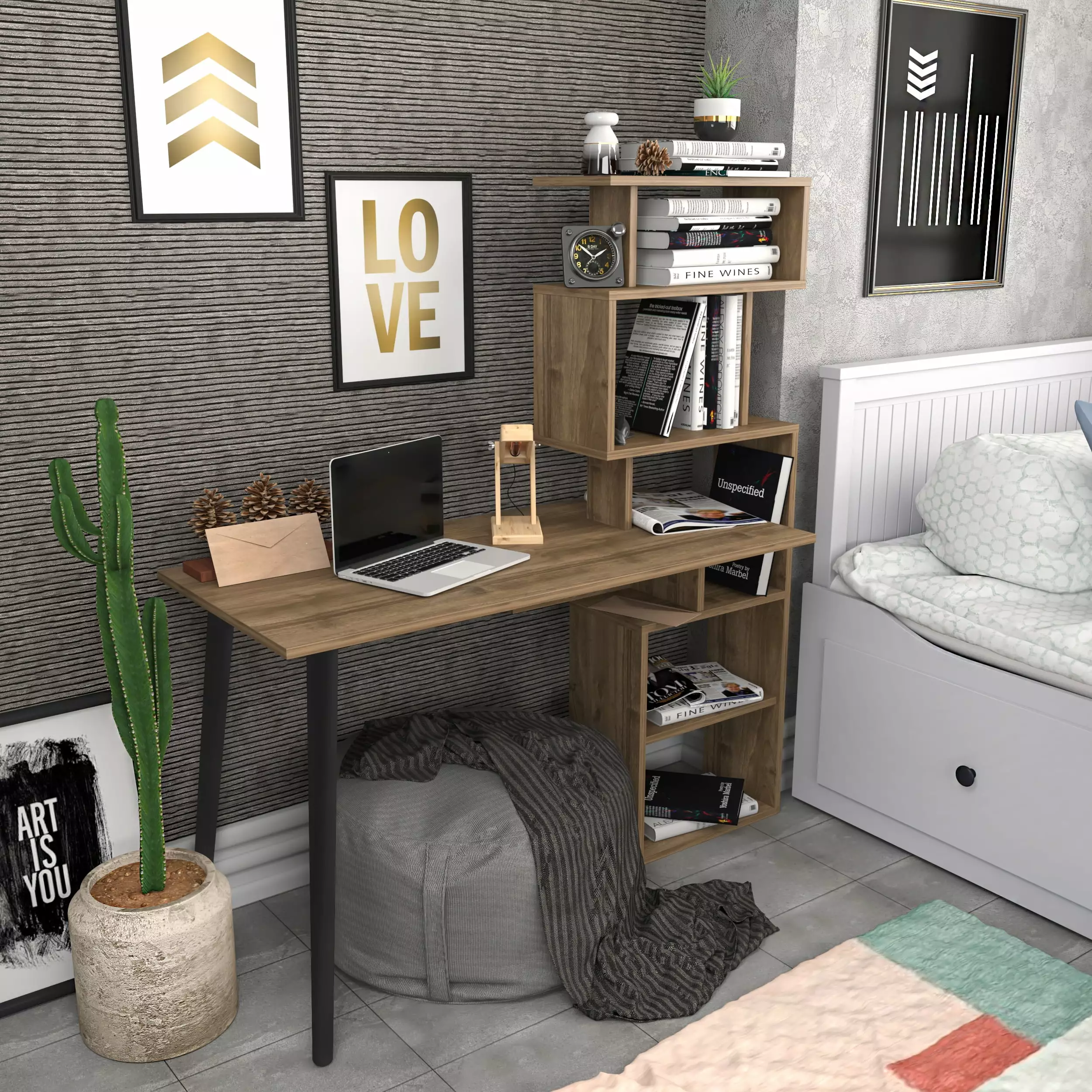 Decorotika Vanessa Modern Industrial Metal Computer Writing Desk Top Shelf and Wooden Legs