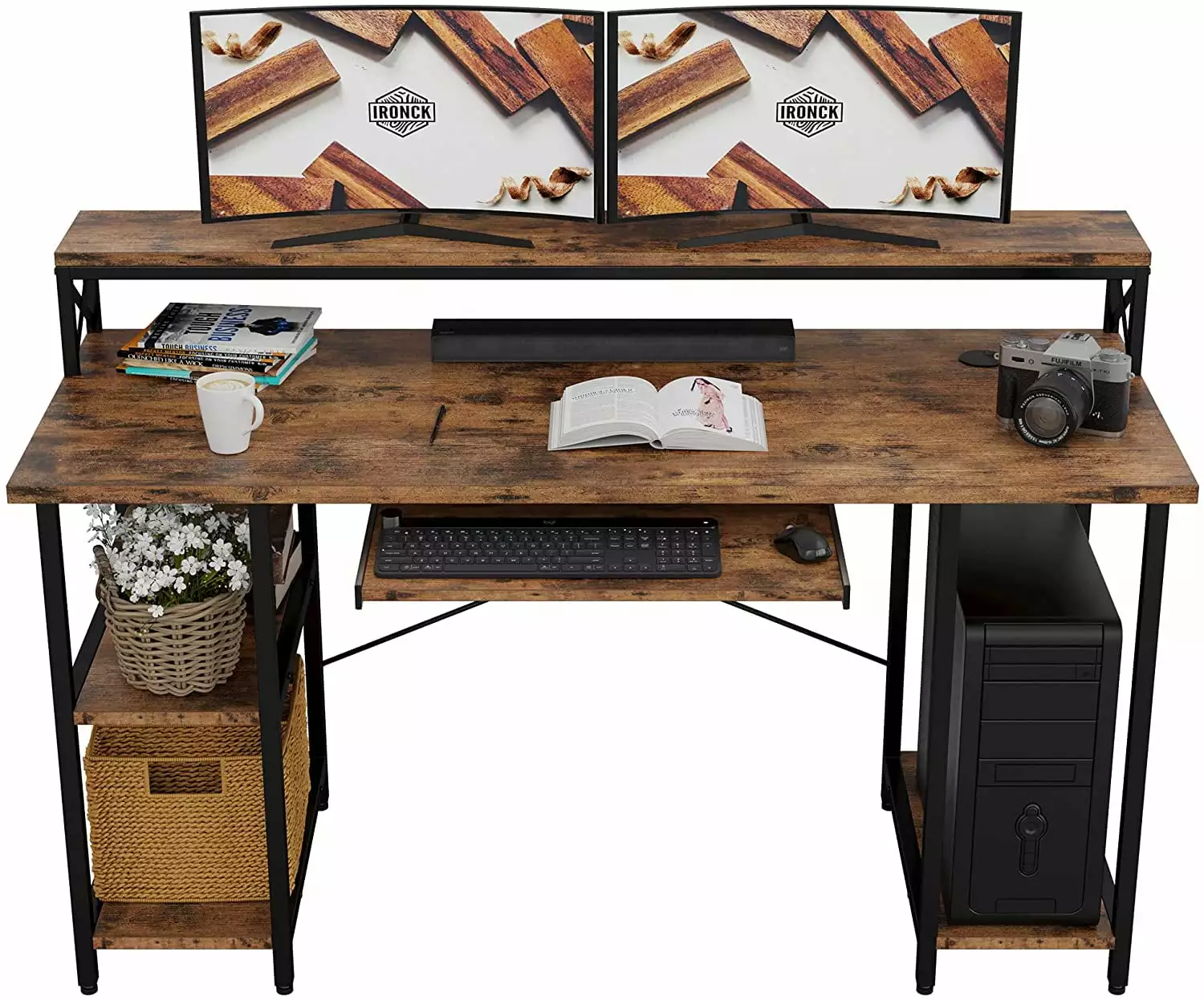IRONCK 55 Inch Industrial Computer Desk Storage Shelves and CPU Stand