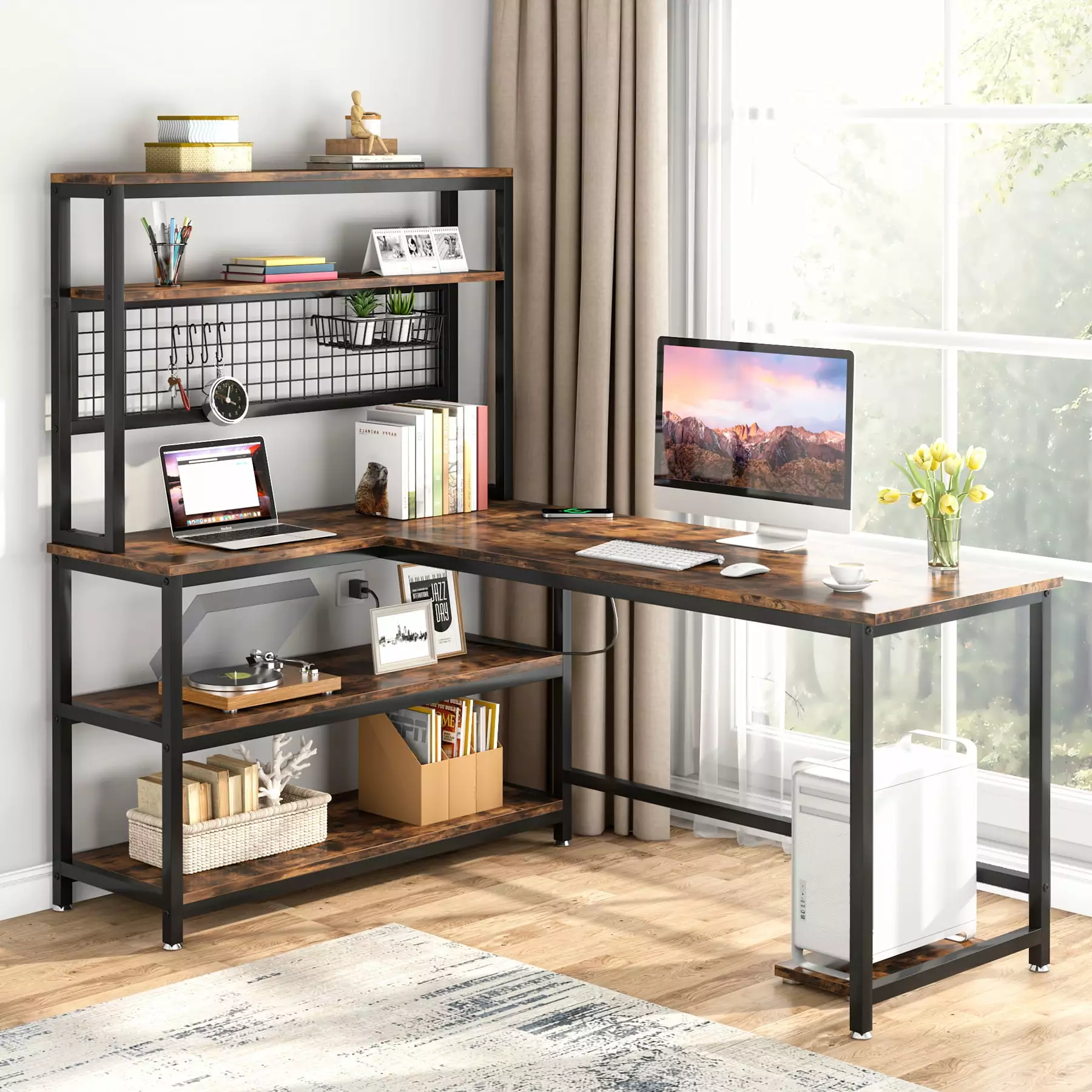 Tribesigns 55 Computer Desk Wireless Charging Industrial Study Writing Table Brown