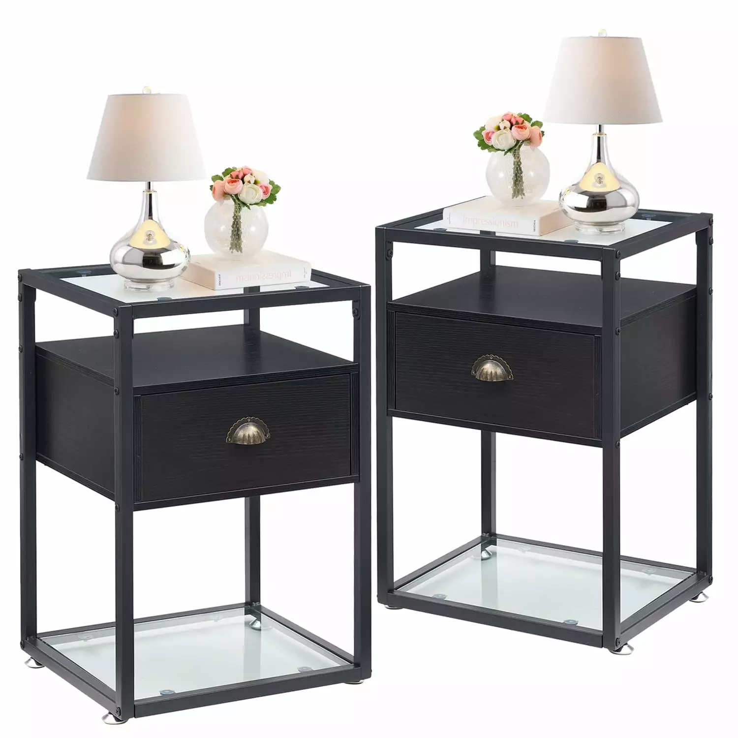 VECELO Set 2 Tempered Glass Top Nightstand Industrial Side End Table Bedroom Living Room Black