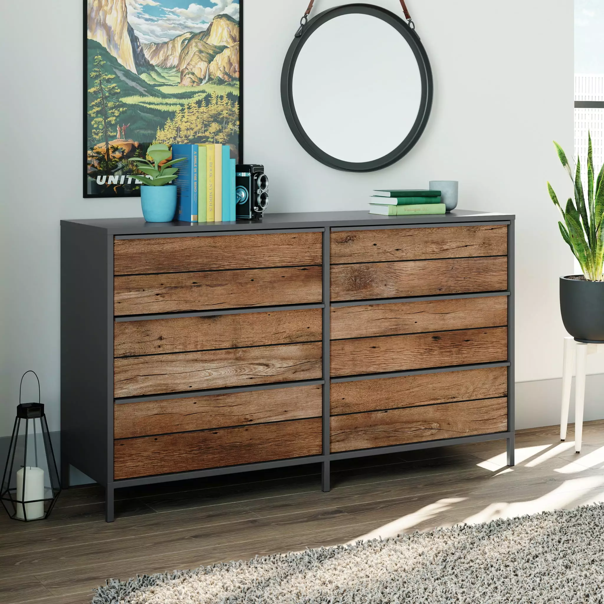 Sauder Boulevard Cafe Industrial 6-Drawer Dresser Metal Frame Black Finish
