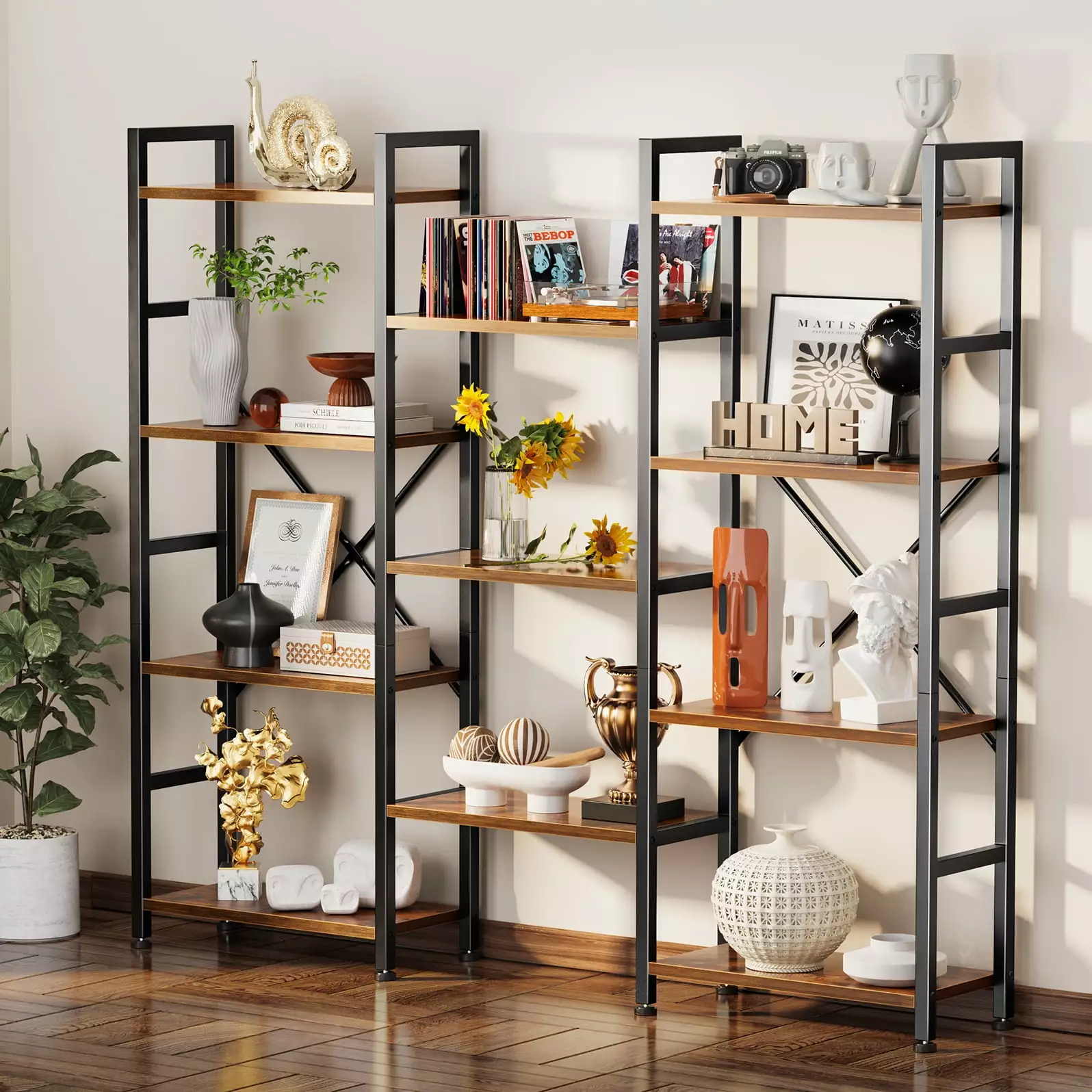 SUPERJARE Triple 4 Tier Bookshelf Industrial Metal Wide Bookcase 11 Open Shelves Rustic Brown
