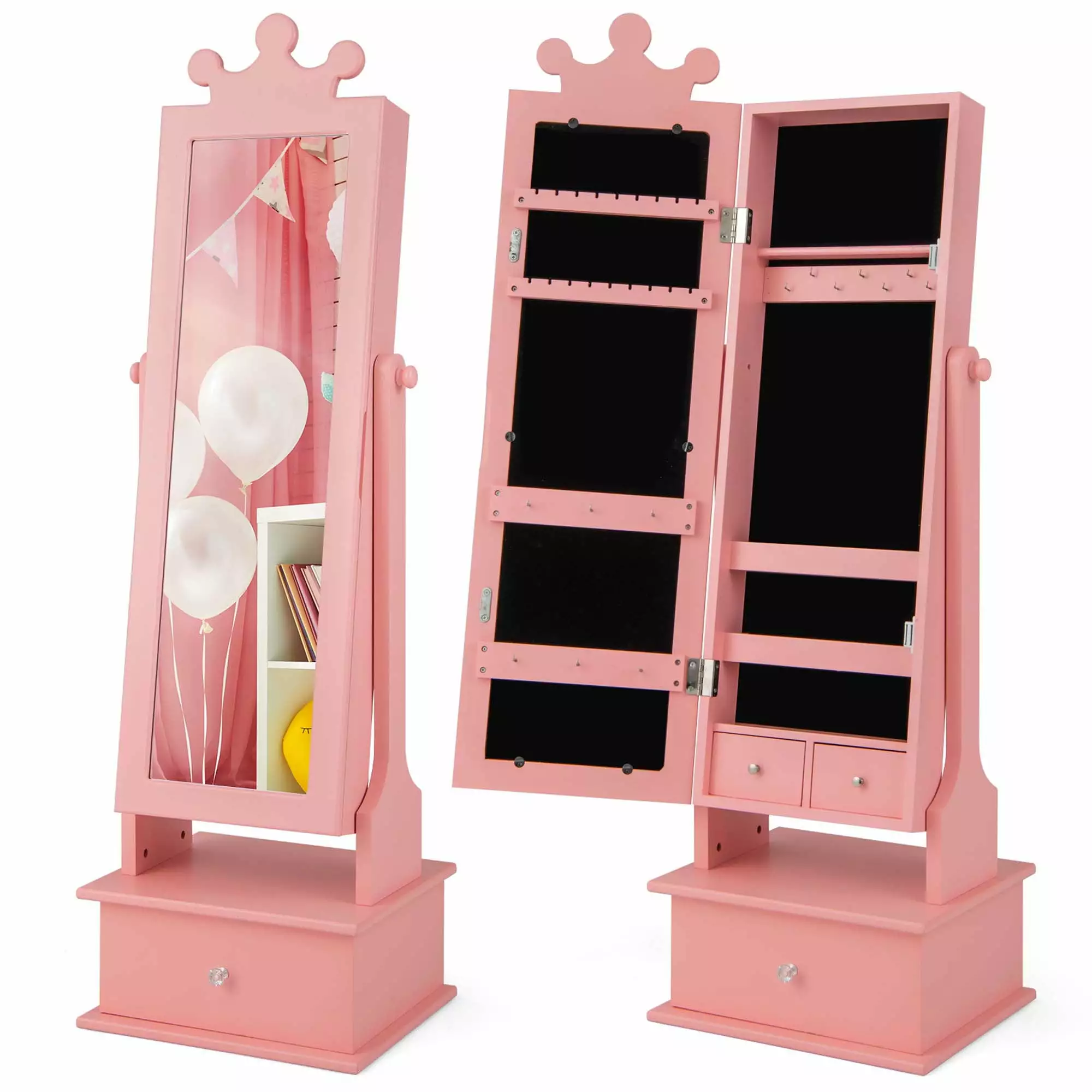 Costway Kid Freestanding Jewelry Armoire 2--1 Full Length Mirror Storage Drawer Pink