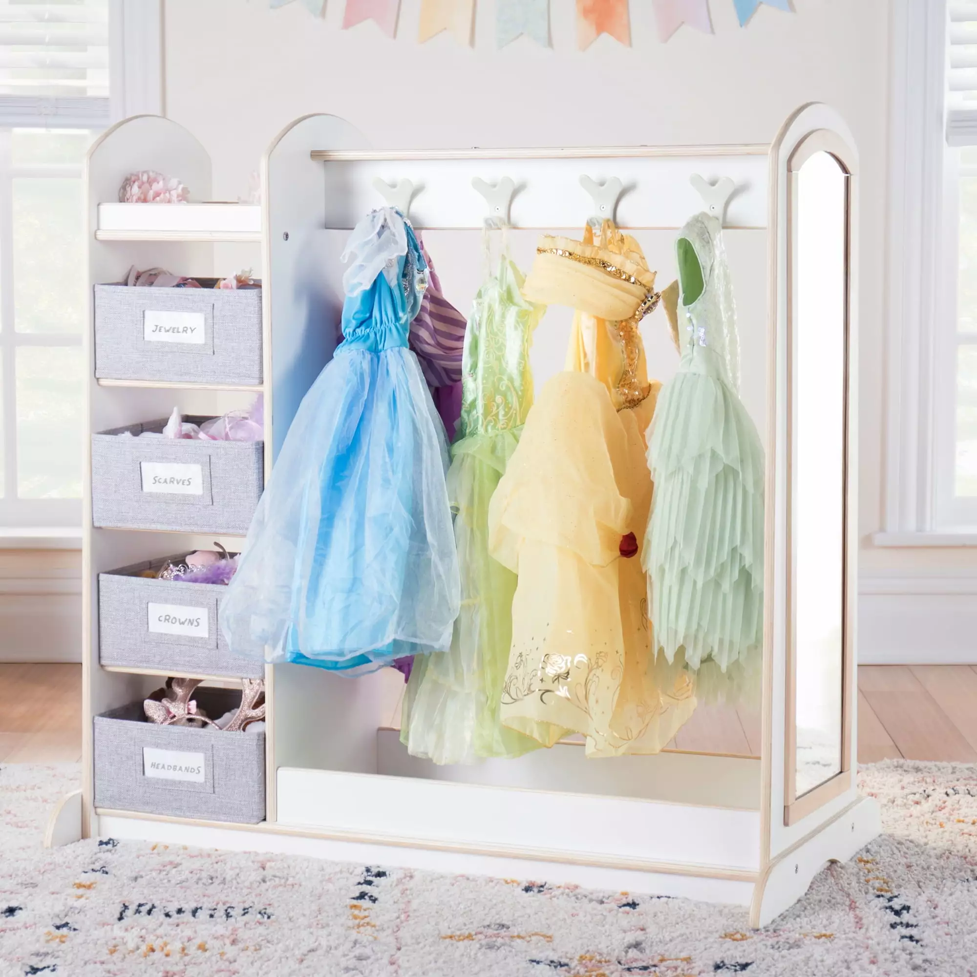 Guidecraft EdQ Dress Up Storage Bins White Wooden Kids Armoire Dresser Costumes and Clothes Rack Shelves and Mirror
