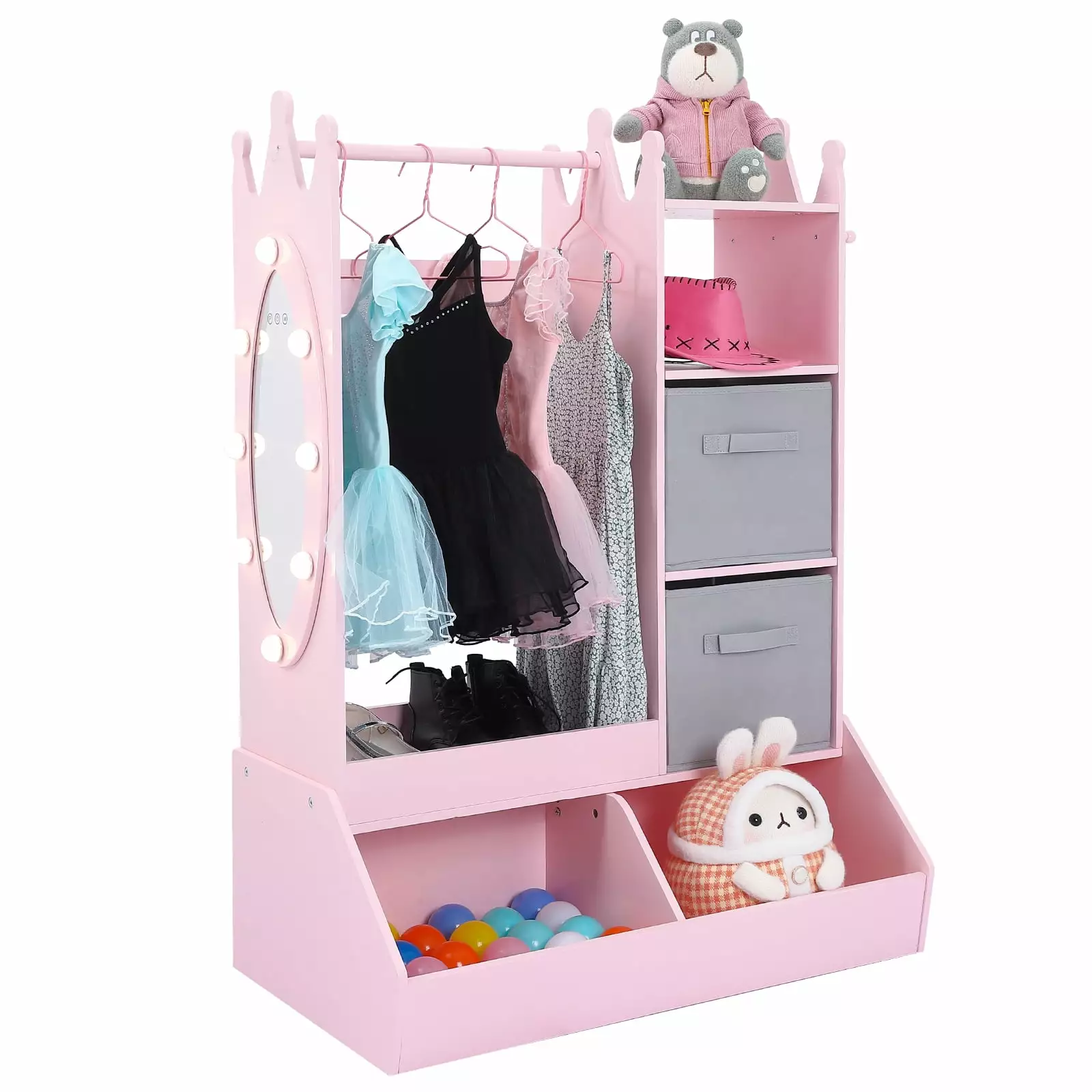 45inch Kids Dress Up Storage Mirror and Storage Bin 3-10 Yrs Girls Armoire Dresser Pink Shininglove