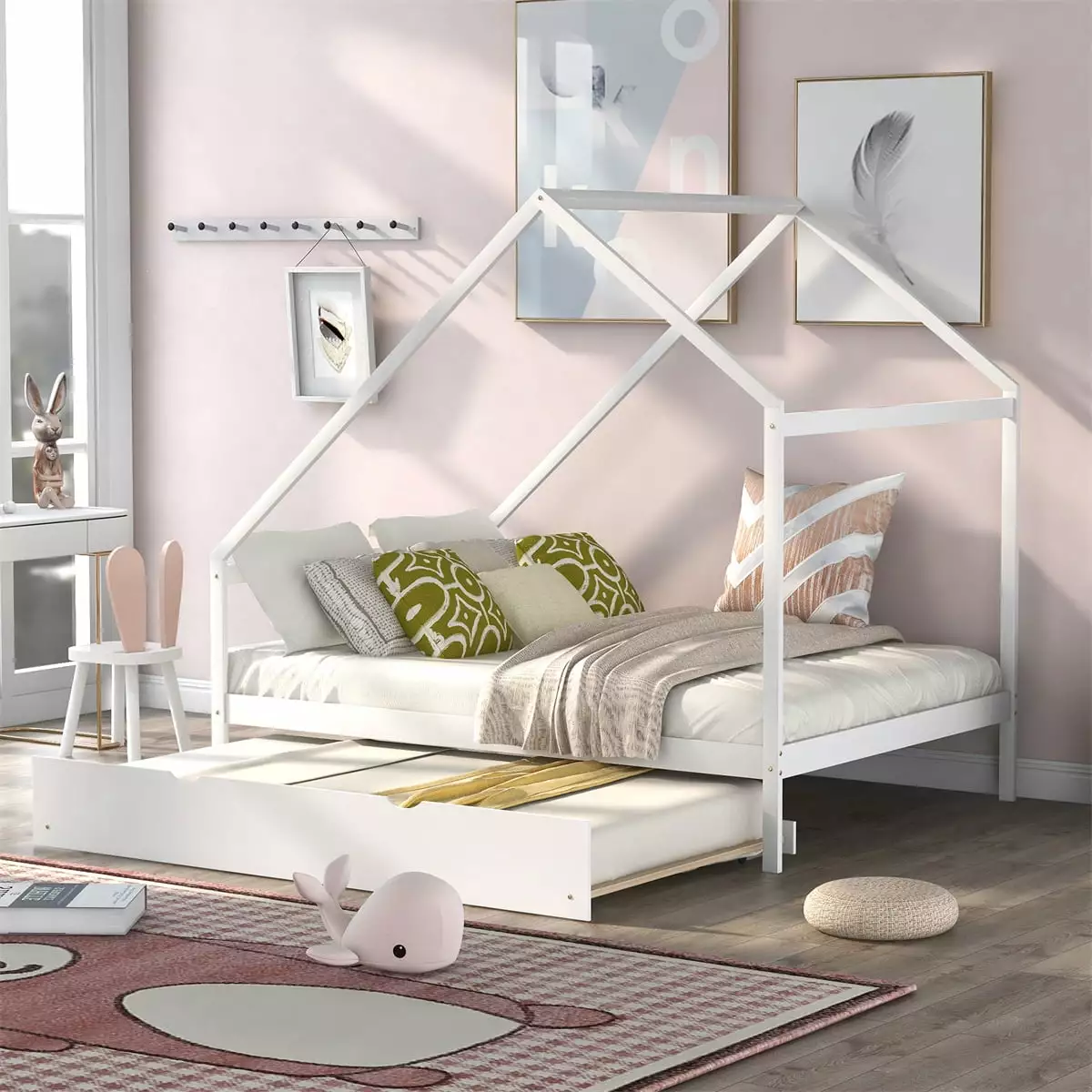 Full Size Houtilize Bed Twin Trundle - Wood Platform Bed Roof Kids - White ARCTICSCORPION