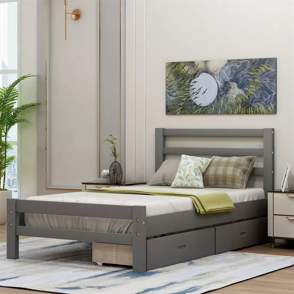 Modern Twin Bed Frame Storage Kids - Solid Wood Bed Two Drawers and Headboard - Gray ARCTICSCORPION