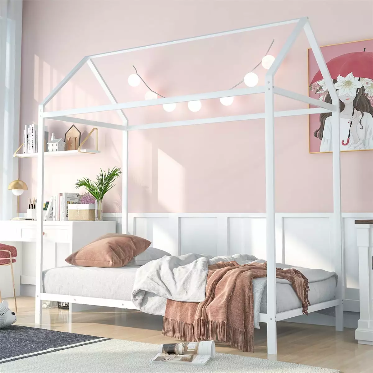 Twin Size Bed Kids Metal House Platform Bed Roof Montessori Bed Floor Height Platform Bed Kids Boys Girls No Box Spring Ne...