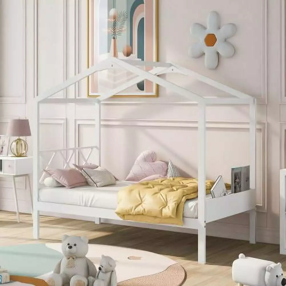 Twin Size Houtilize Bed Children Wooden Twin Platform Bed Frame Headboard and Storage Space White ARCTICSCORPION