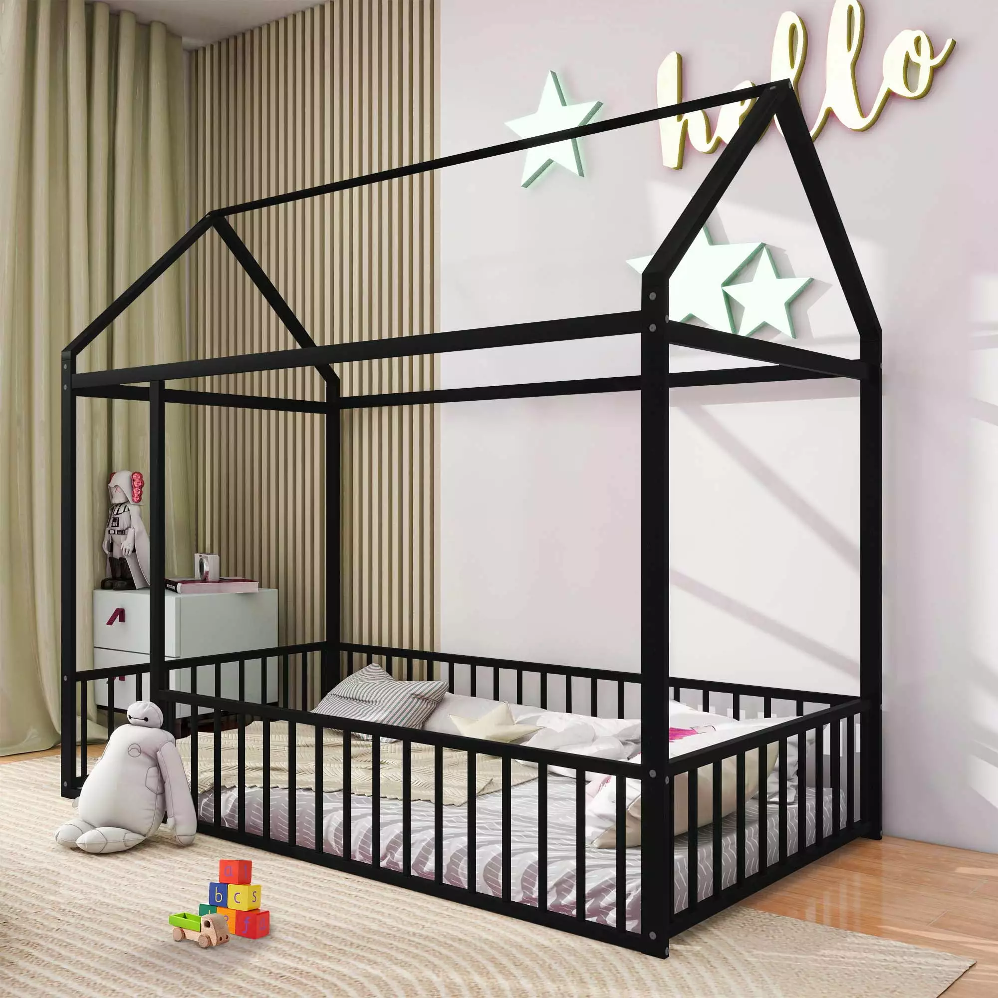 Aukfa Metal Houtilize Bed - Twin Platform Bed Fence Kids Black