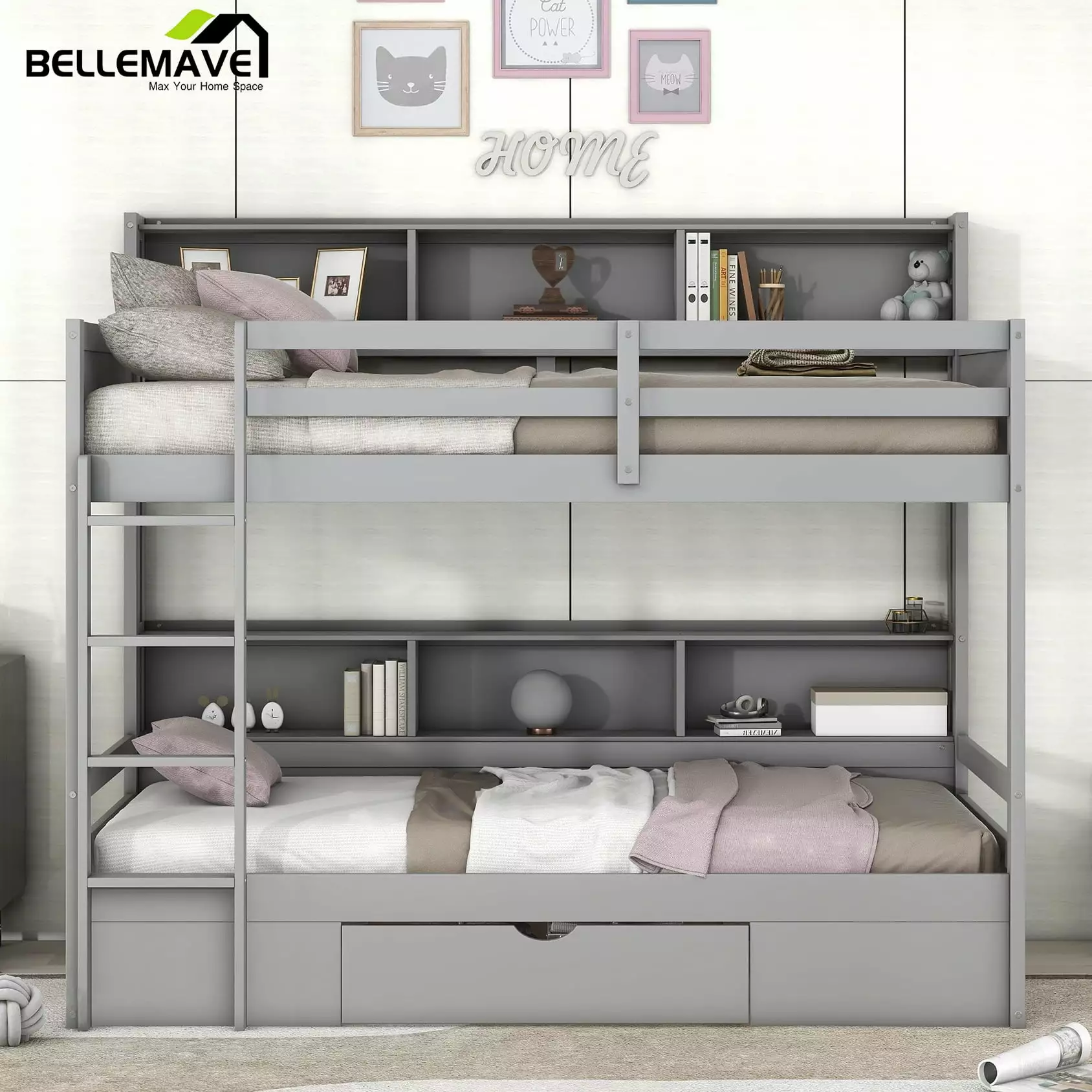 Bellemave Twin Over Twin Bunk Bed Storage Drawer and Shelves Chic Storage Bunk Bed Built- Shelves Gray