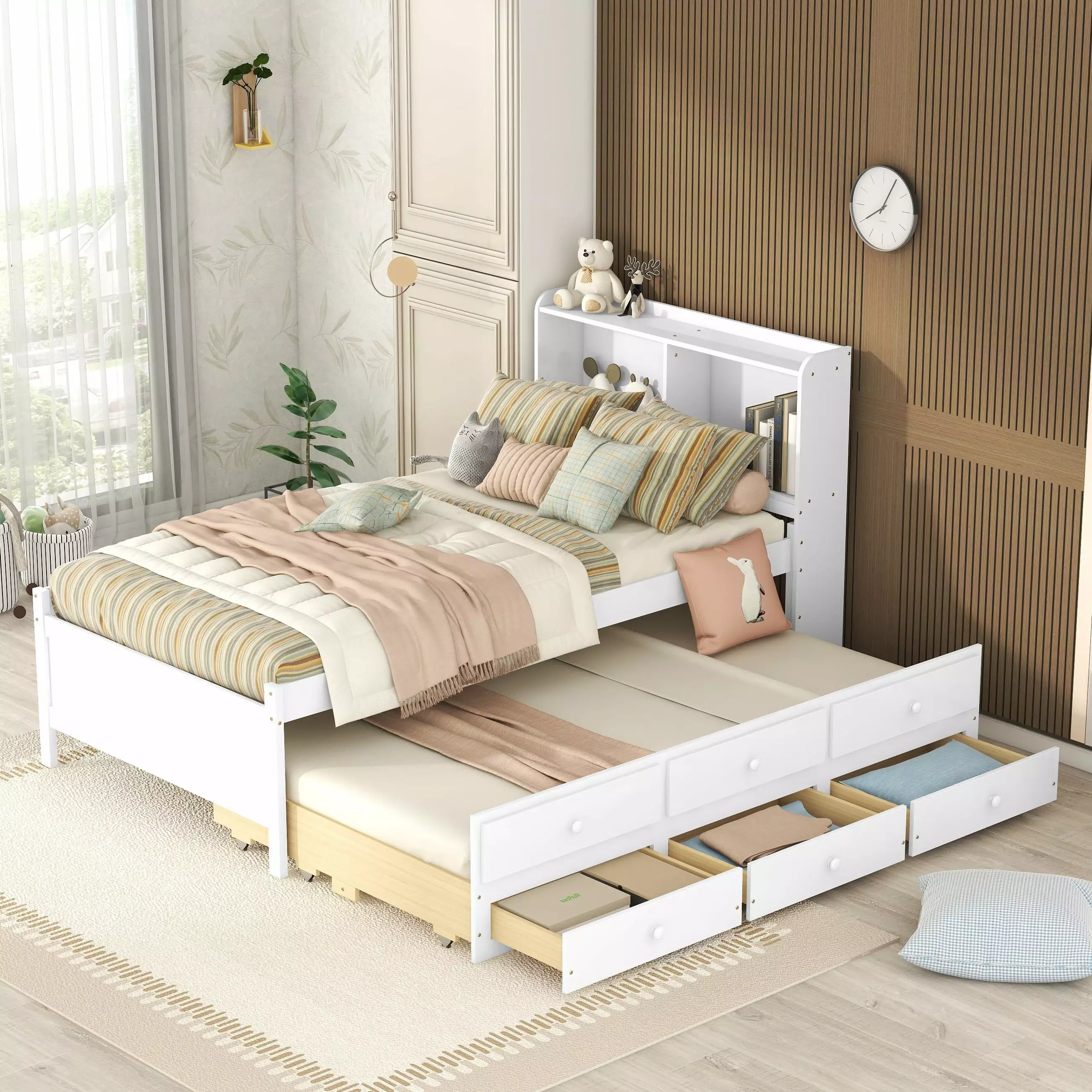 Bellemave Twin Size Bed Trundle Drawers USB Ports LED Light Bookcase Headboard