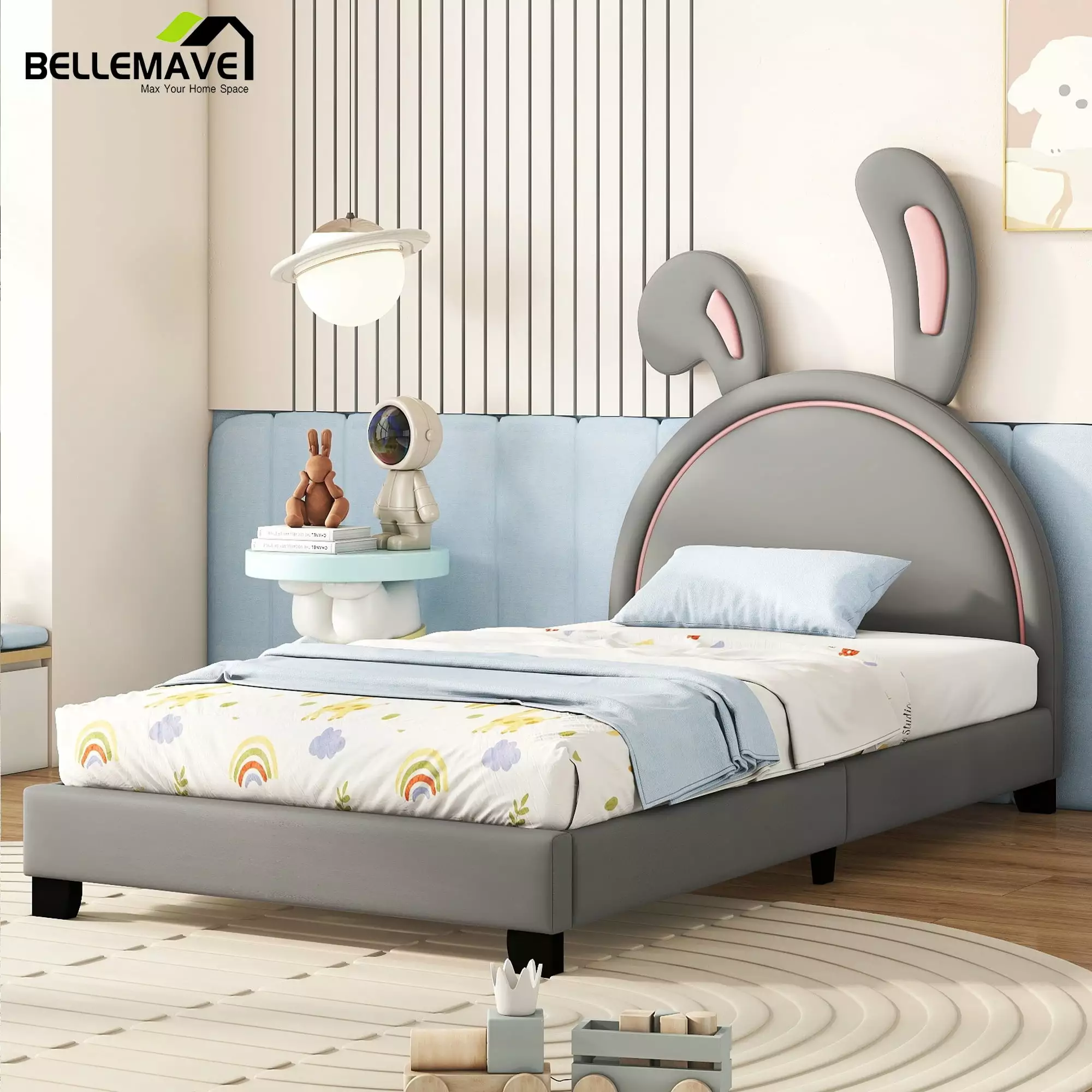 Twin PU Leather Upholstered Platform Bed Bunny Headboard Kids Wood Bed Frame Gray Toddler Bed Girls Boys Bellemave