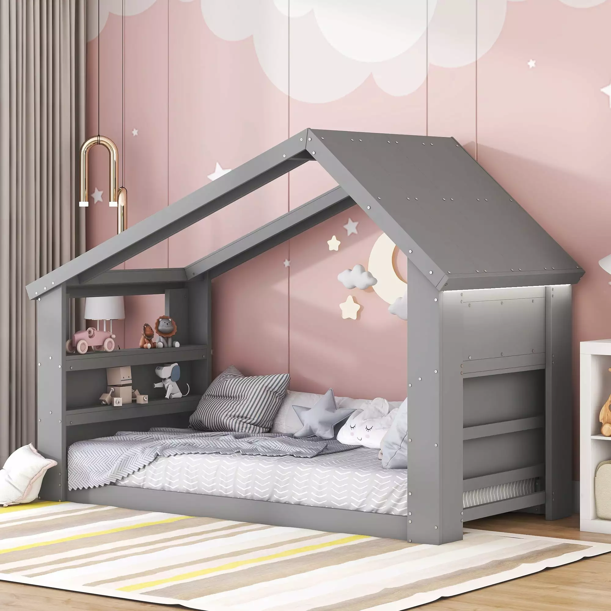 Wood Twin Size Montessori Bed LED Lights Kids Floor Bed Storage Gray Bellemave