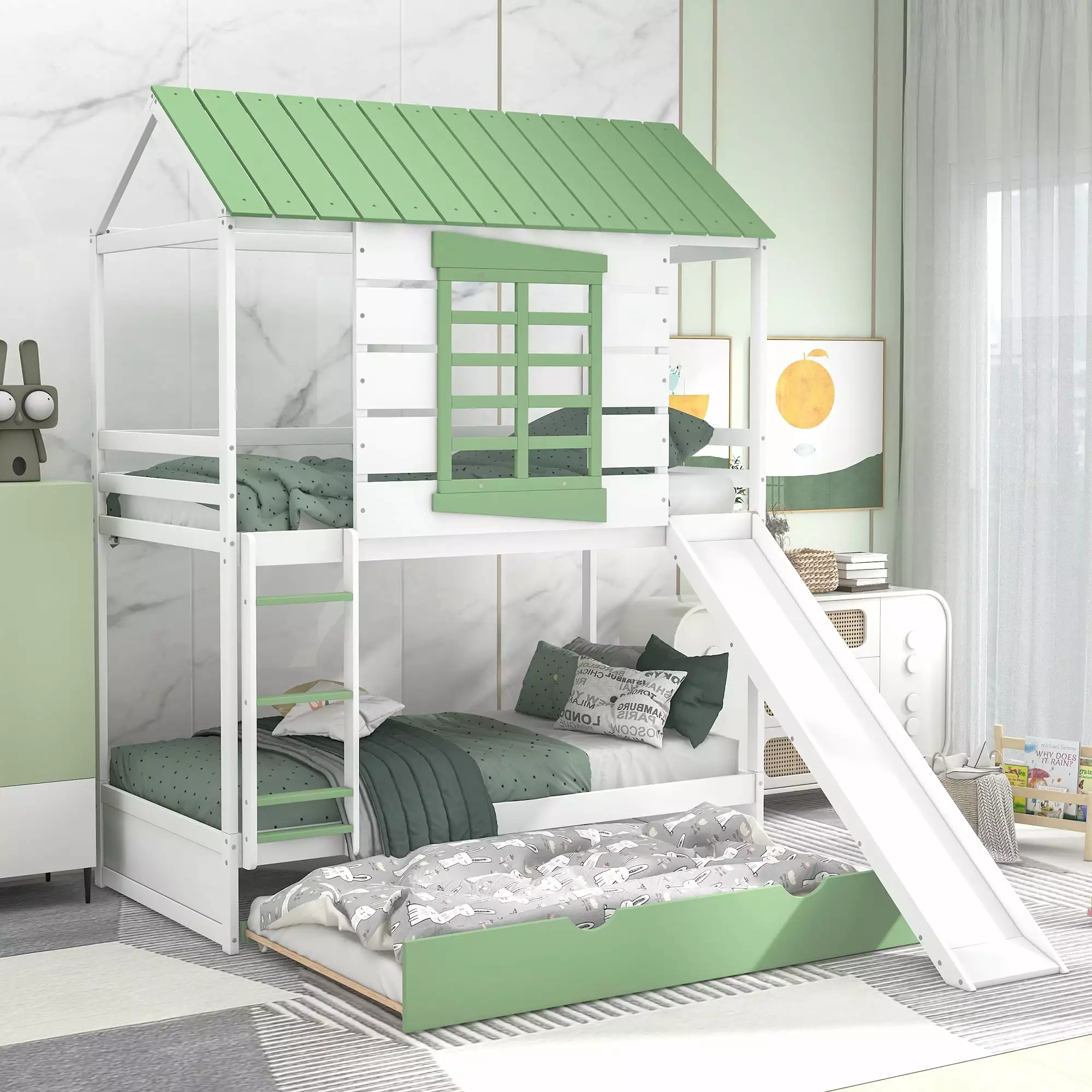 Churanty Twin over Twin Size House Bunk Bed Convertible Slide and Trundle Kids White Green