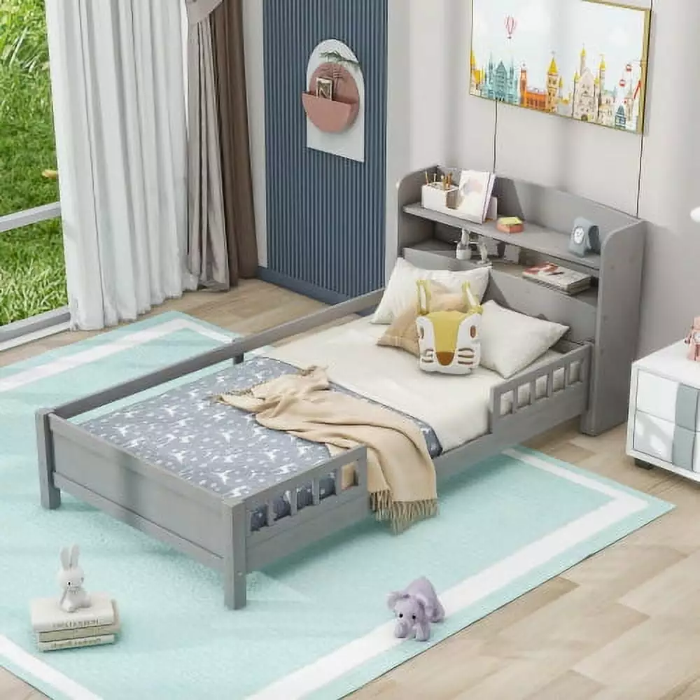 CITYLE Twin Bed Frame Storage Headboard Built- LED Light Wood Platform Bed Gray