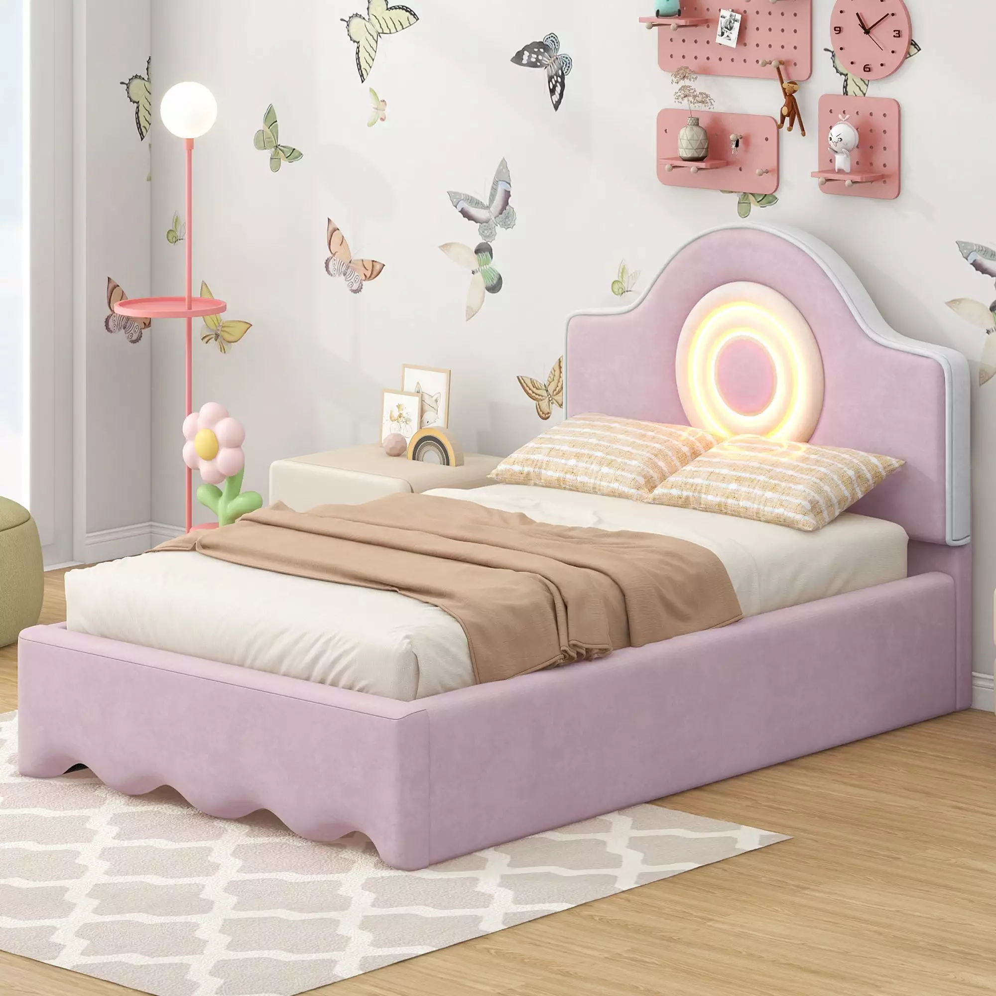 Euroco Twin Size Upholstered Platform Bed LED Light Headboard - Pink - Child Bedroom Furniture