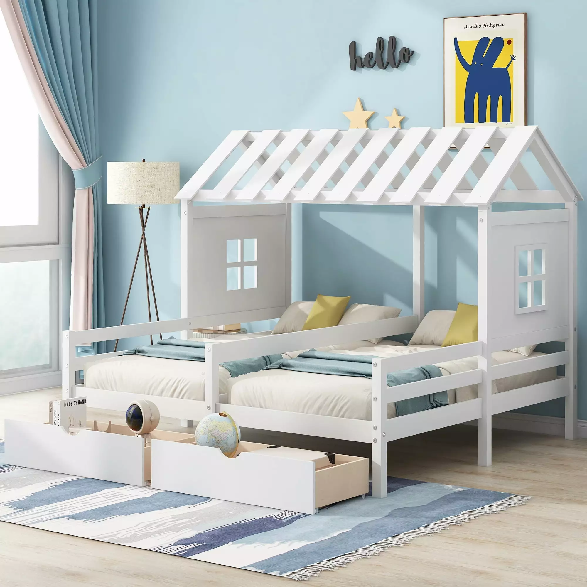 Euroco Twin Size Wood Houtilize Double Platform Beds Houtilize Shaped Roof and Windows 2 Drawers Kids White