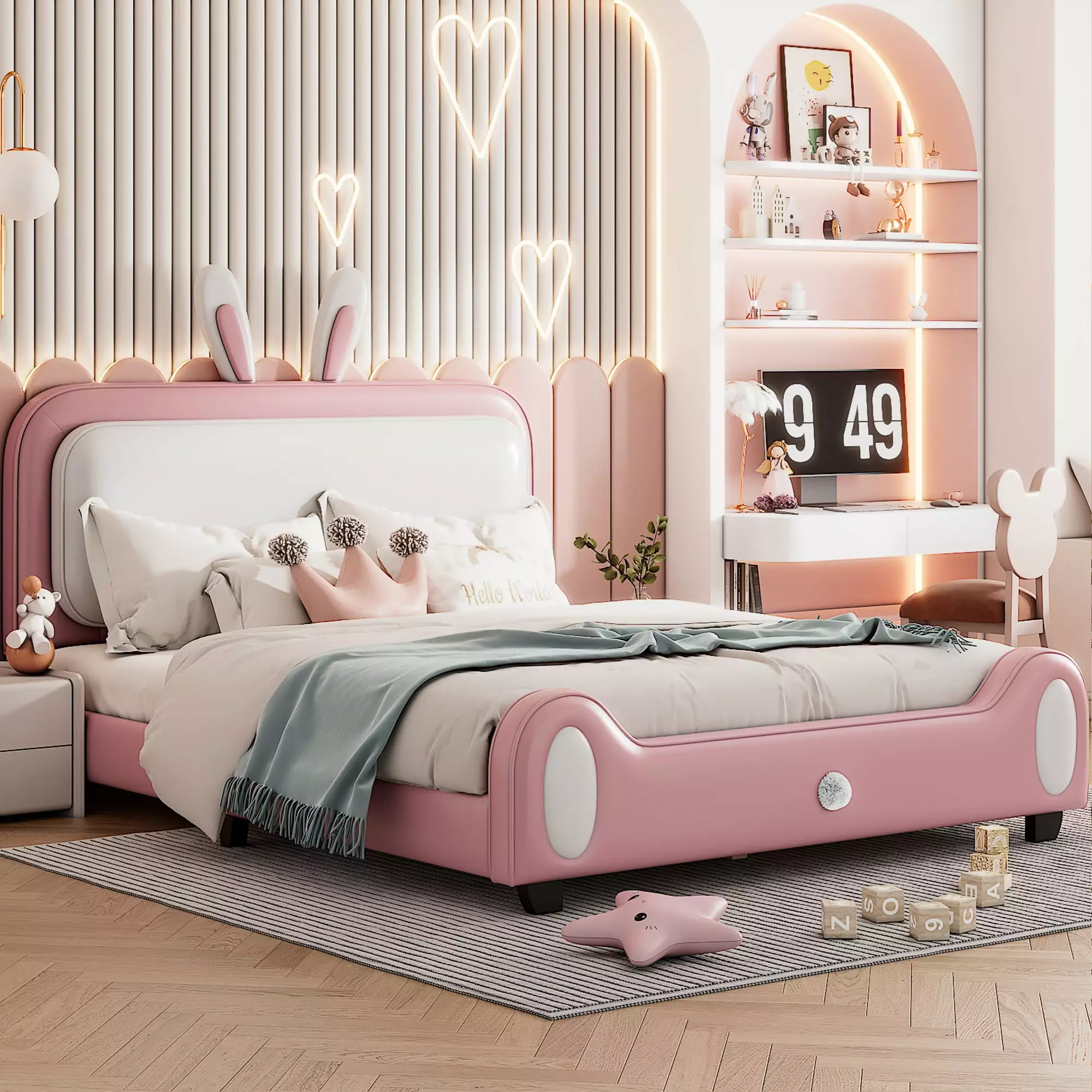Euroco Upholstery Platform Bed - Bunny-Shaped Full Bed Headboard - Pink & White