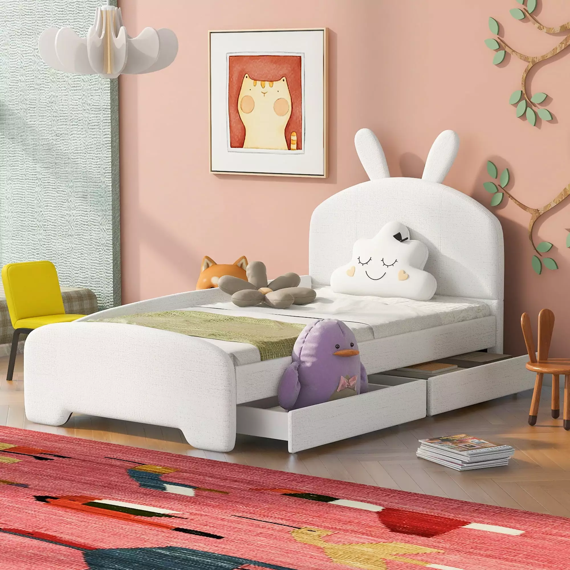 Euroco Upholstery Twin Size Platform Bed - White Bunny-Shaped Bed 2 Drawers Kids