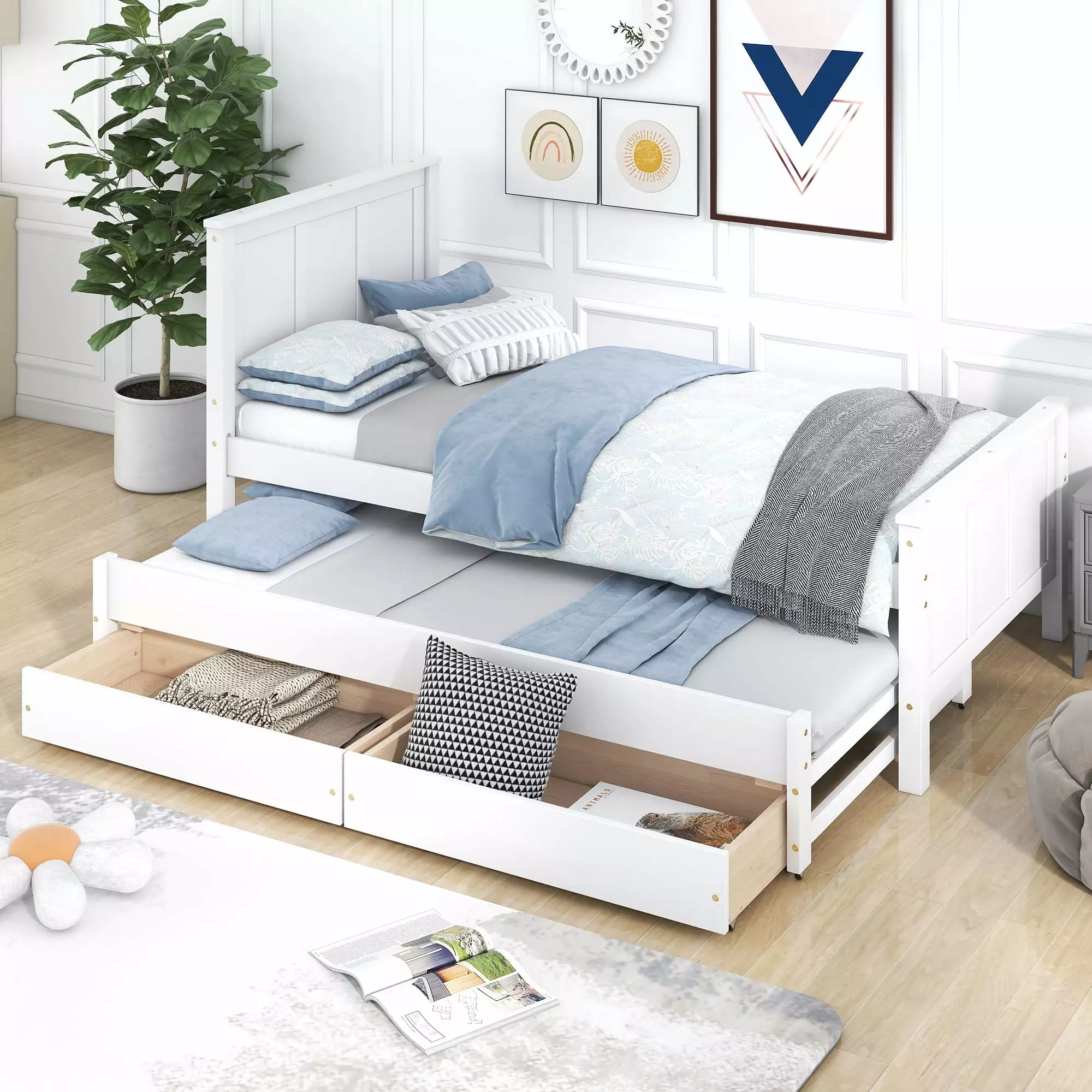 Twin Size Platform Bed Trundle and Drawers Kids - White Wooden Bed Frame Extra Storage Euroco
