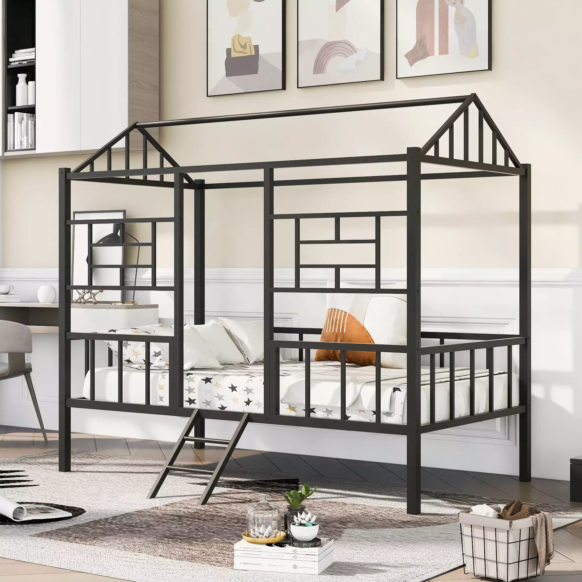 Black Metal Twin Size Houtilize Bed Frame Ladder Kids Teens Playhoutilize Design Gewnee
