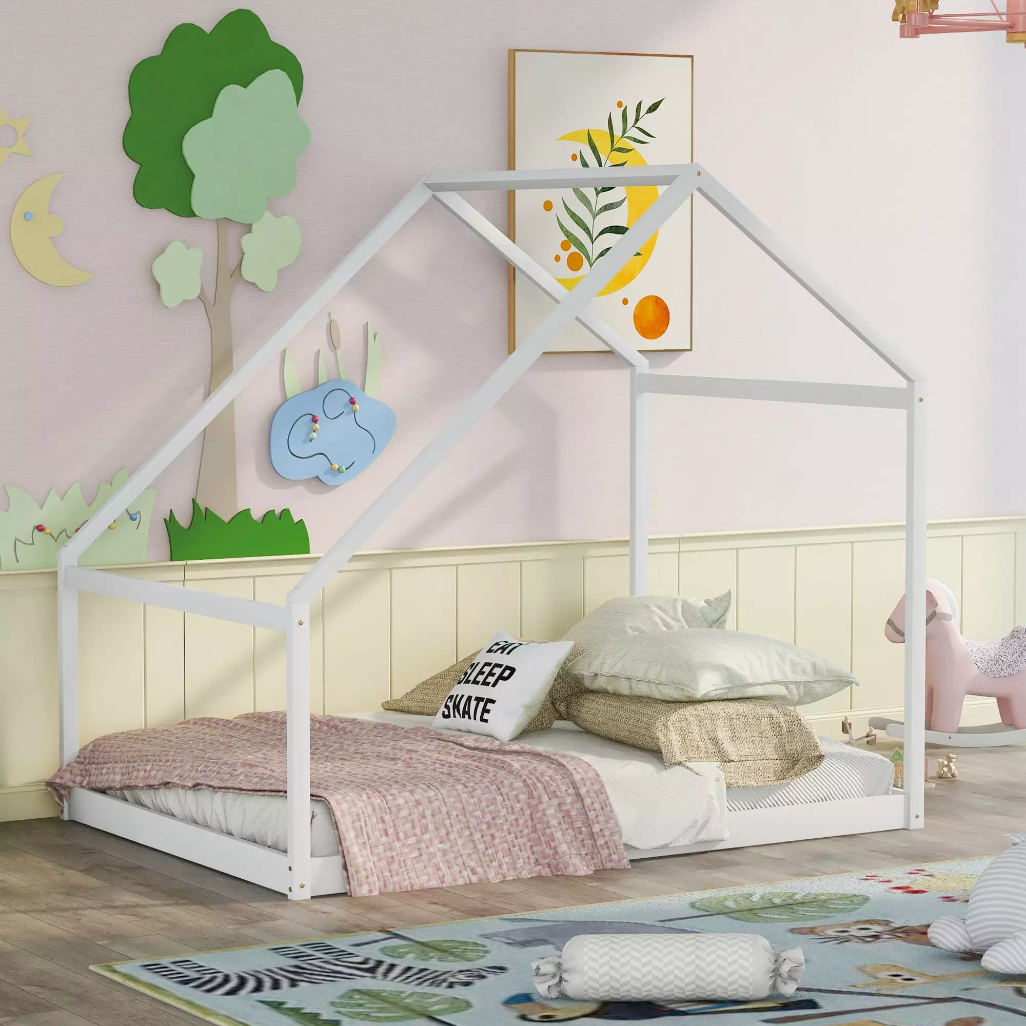 Gewnee Full Size Montessori Wood Bed Frame Roof Kids and Toddlers White
