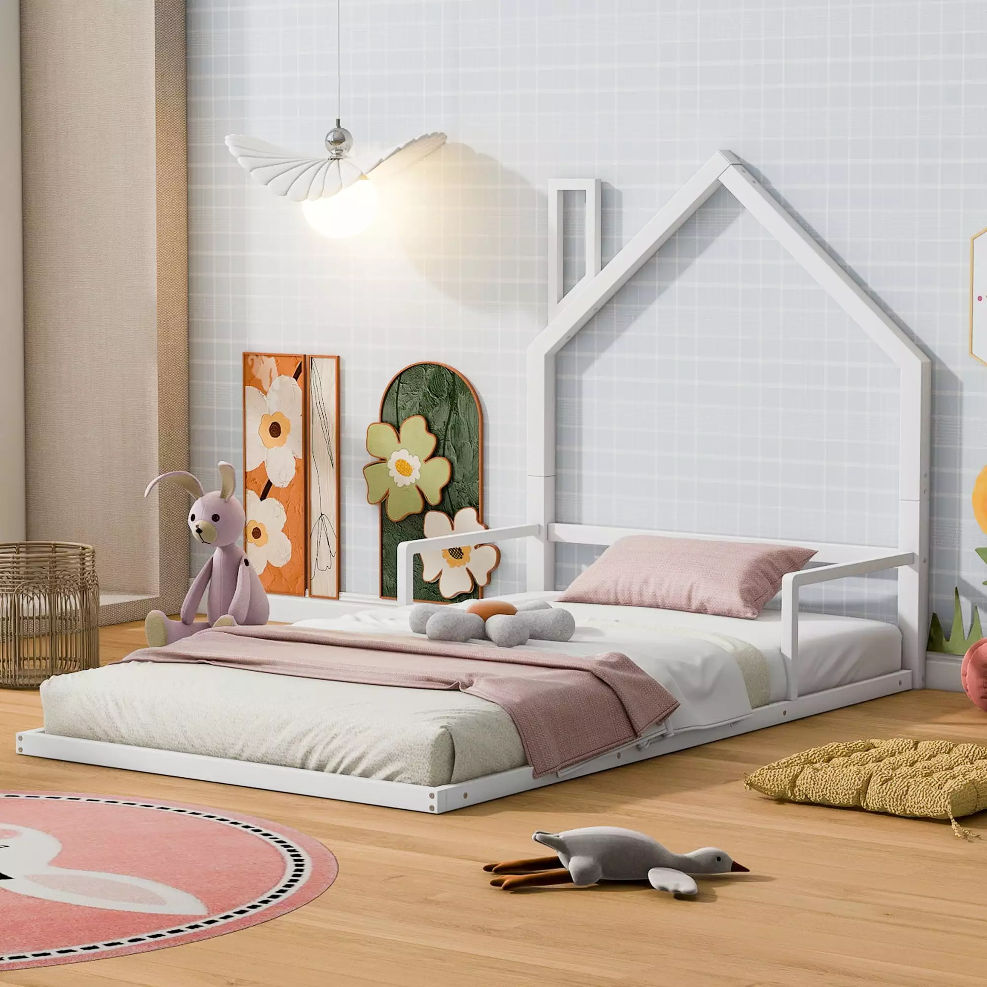 Twin Size Floor Bed Houtilize-shaped Headboard Metal Montessori Bed Frame Kids and Teens HOMIQUEEN