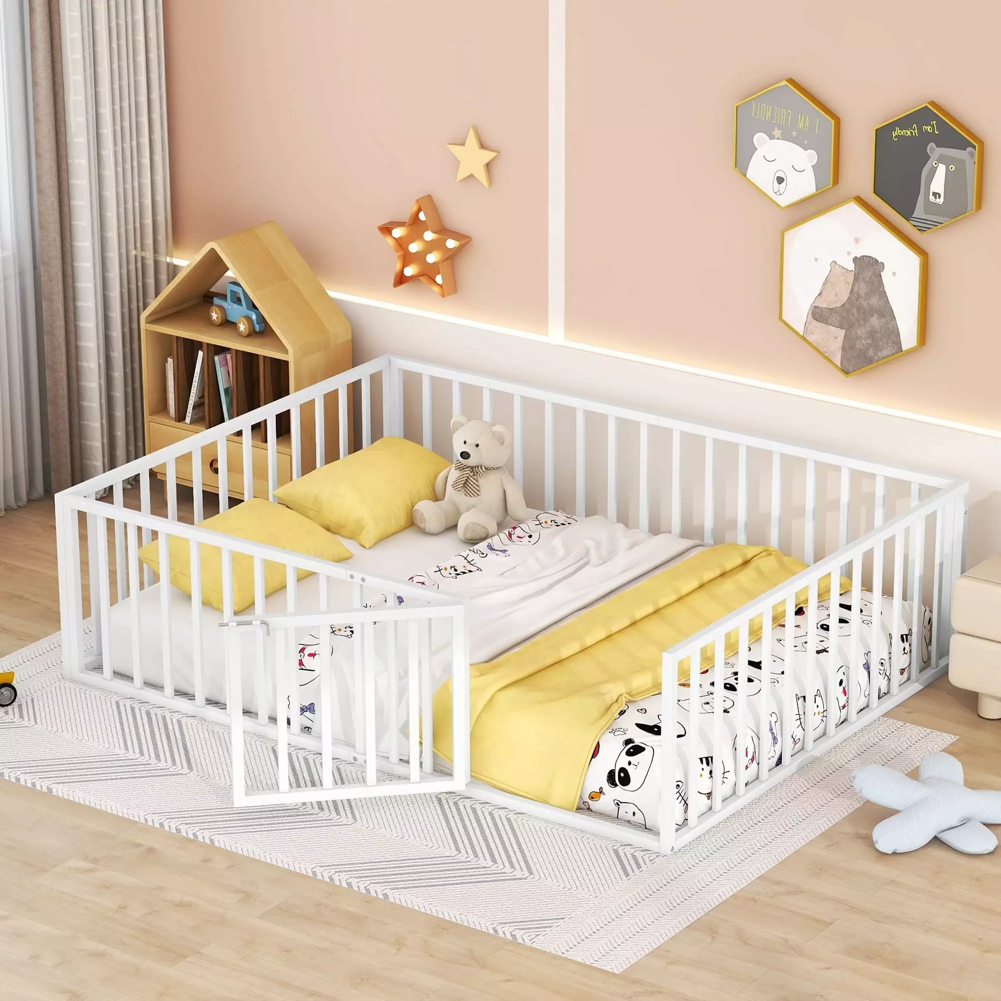 Queen Size Floor Bed Frame Protectty Fence and Door - Metal Toddler Bed Kids - White Kacho