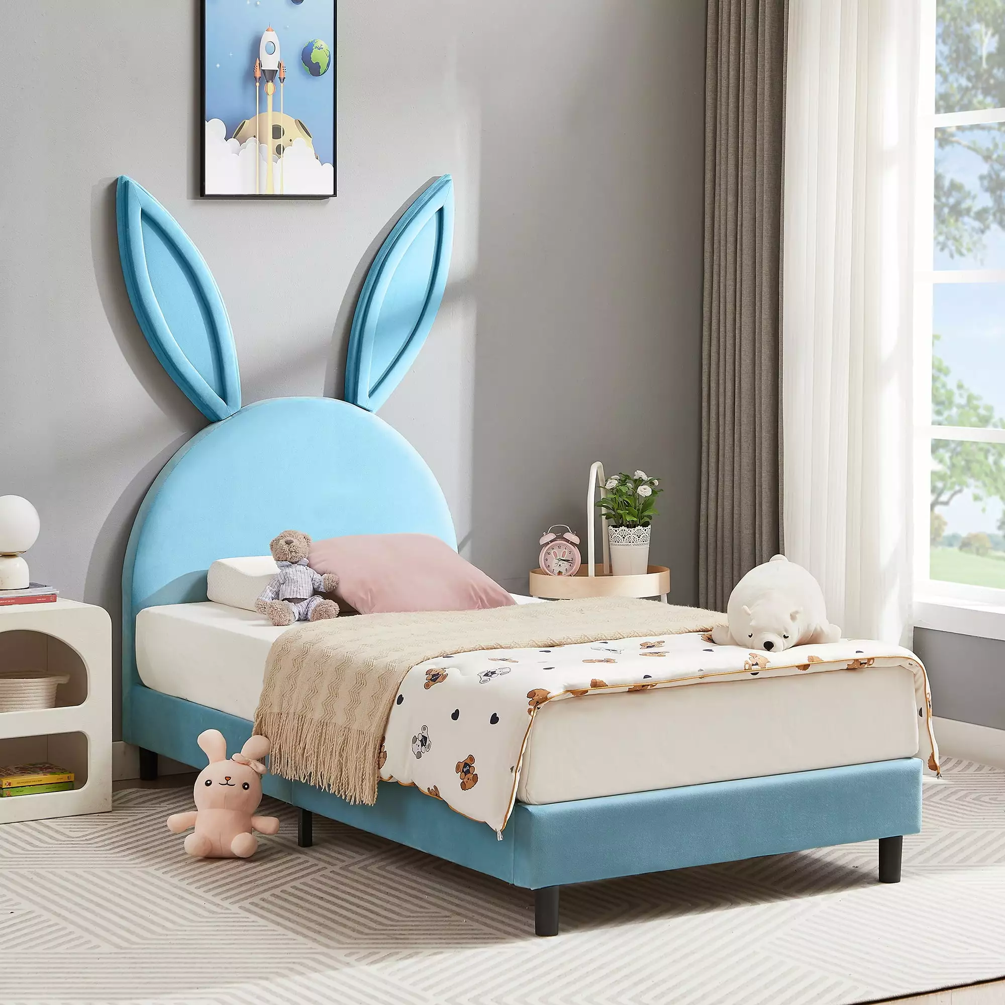 Katkuca Twin Upholstered Bed Frame Rabbit Headboard Blue Kids