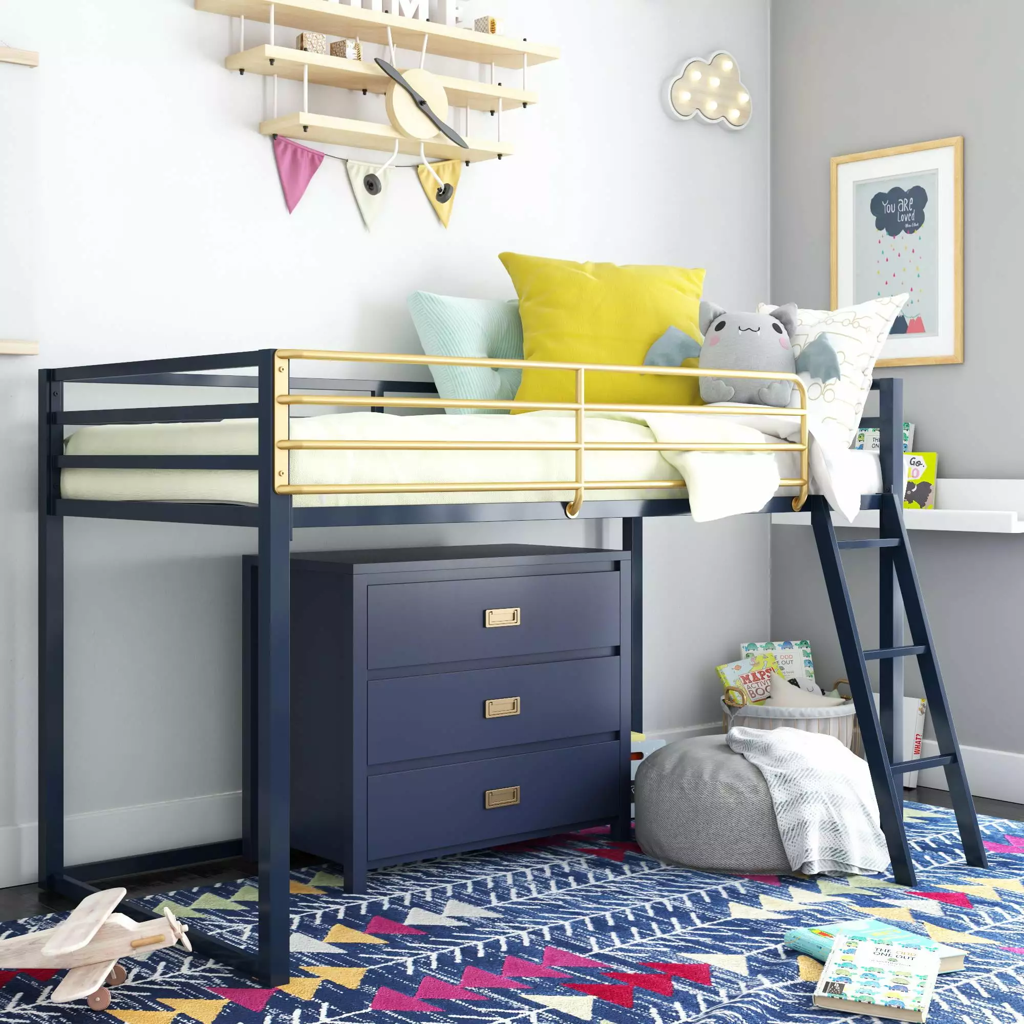 Little Seeds Monarch Hill Haven Twin Size Metal Junior Loft Bed Navy