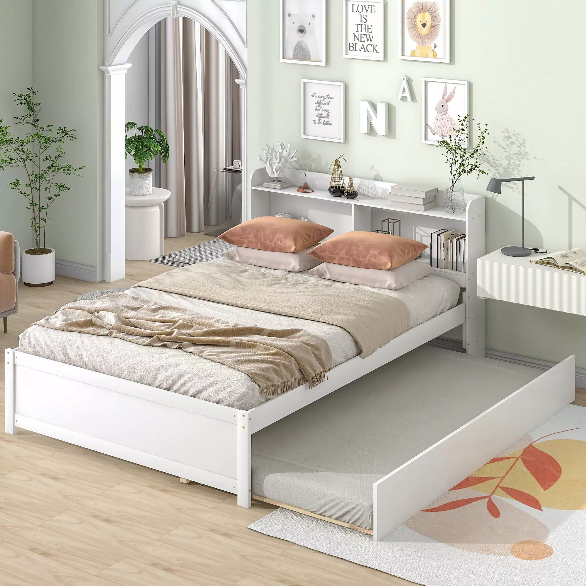Miniyam Full Size Bed Frame Trundle and Bookcase Headboard - Kids Bed White