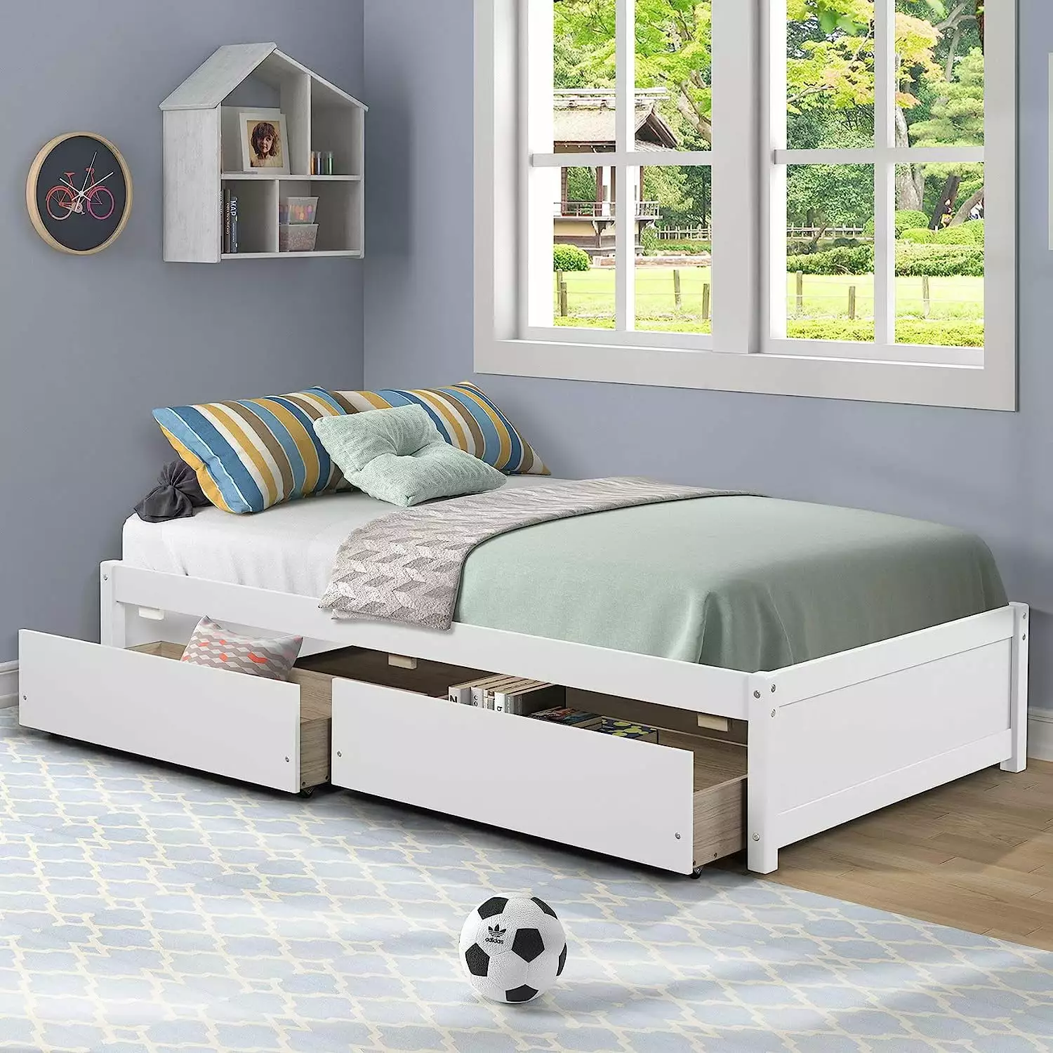 Miniyam Twin Size Platform Bed Frame 2 Storage Drawers Kids White