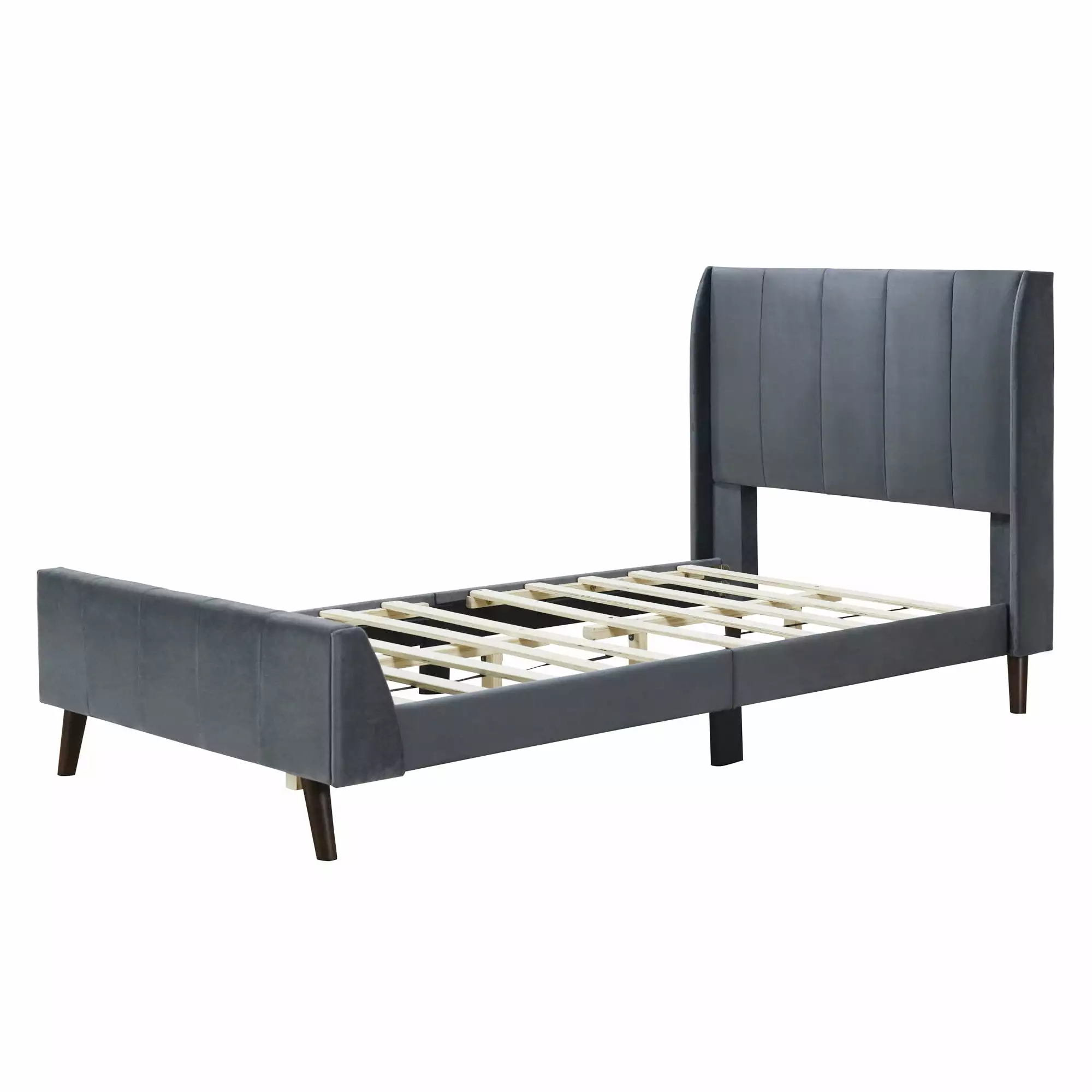 Gray Upholstered Twin Platform Bed Velvet Headboard Modern Twin Bed Frame Kids No Box Spring Needed Paproos