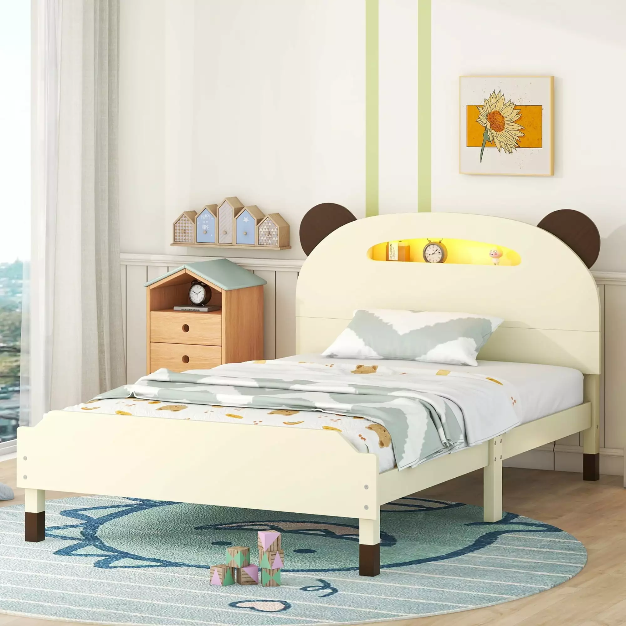 Paproos Twin Bed Frame Headboard and Footboard Cute Wood Platform Bed Night Lights Kids No Box Spring Needed Cream