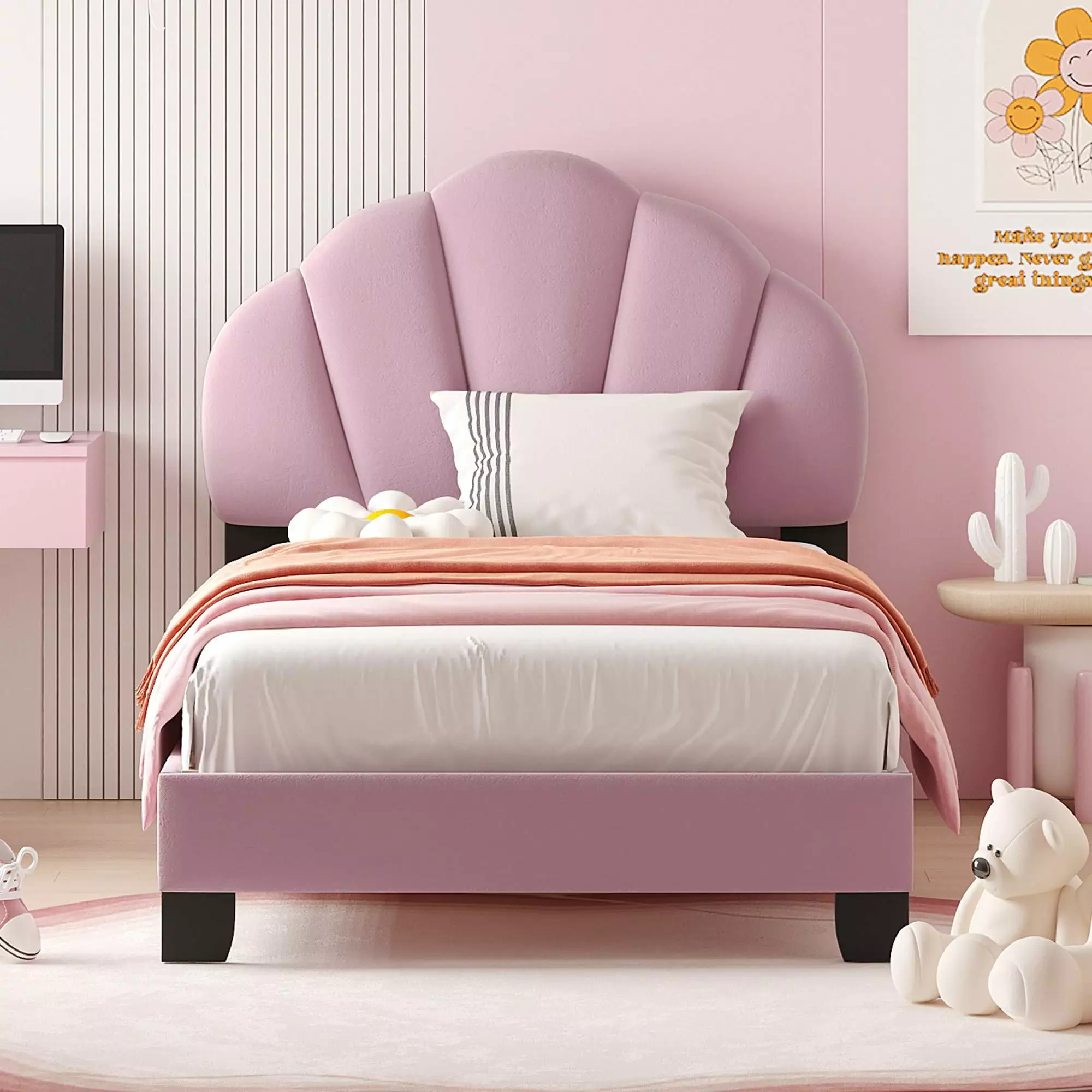 PAPROOS Twin Bed Frame Upholstered Velvet Platform Bed Shell-Shaped Headboard Kids Girls Pink