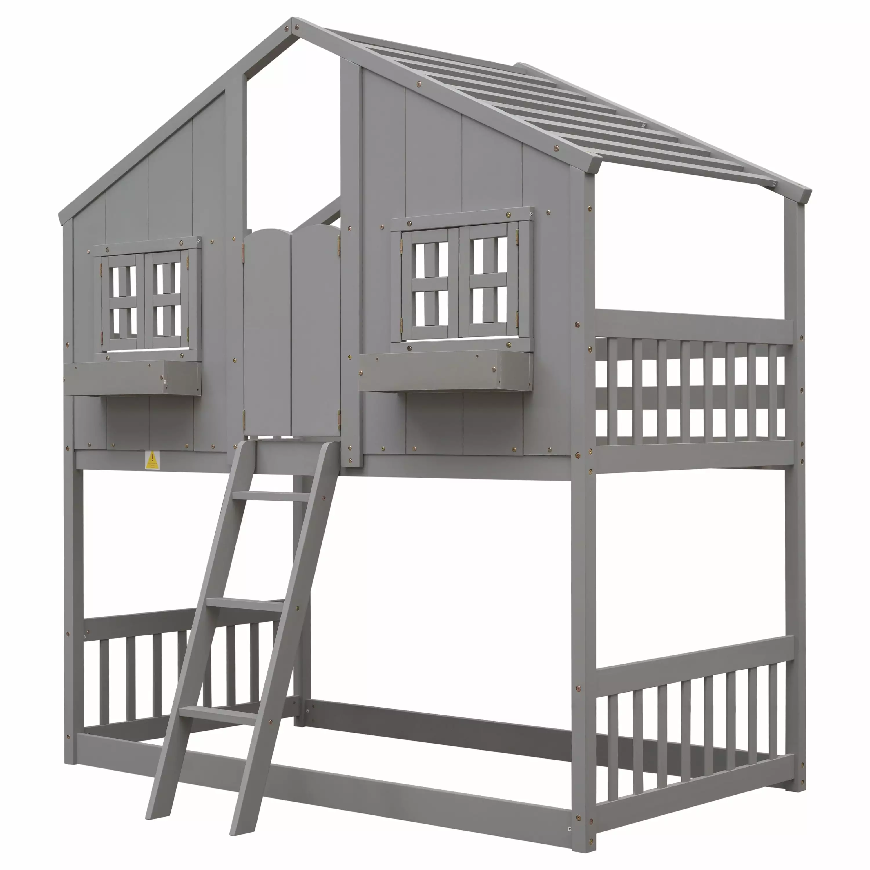 Royard Oaktree Twin over Twin House Bunk Bed Roof Window Window Box Door Wood Bunk Bed Frame Grey