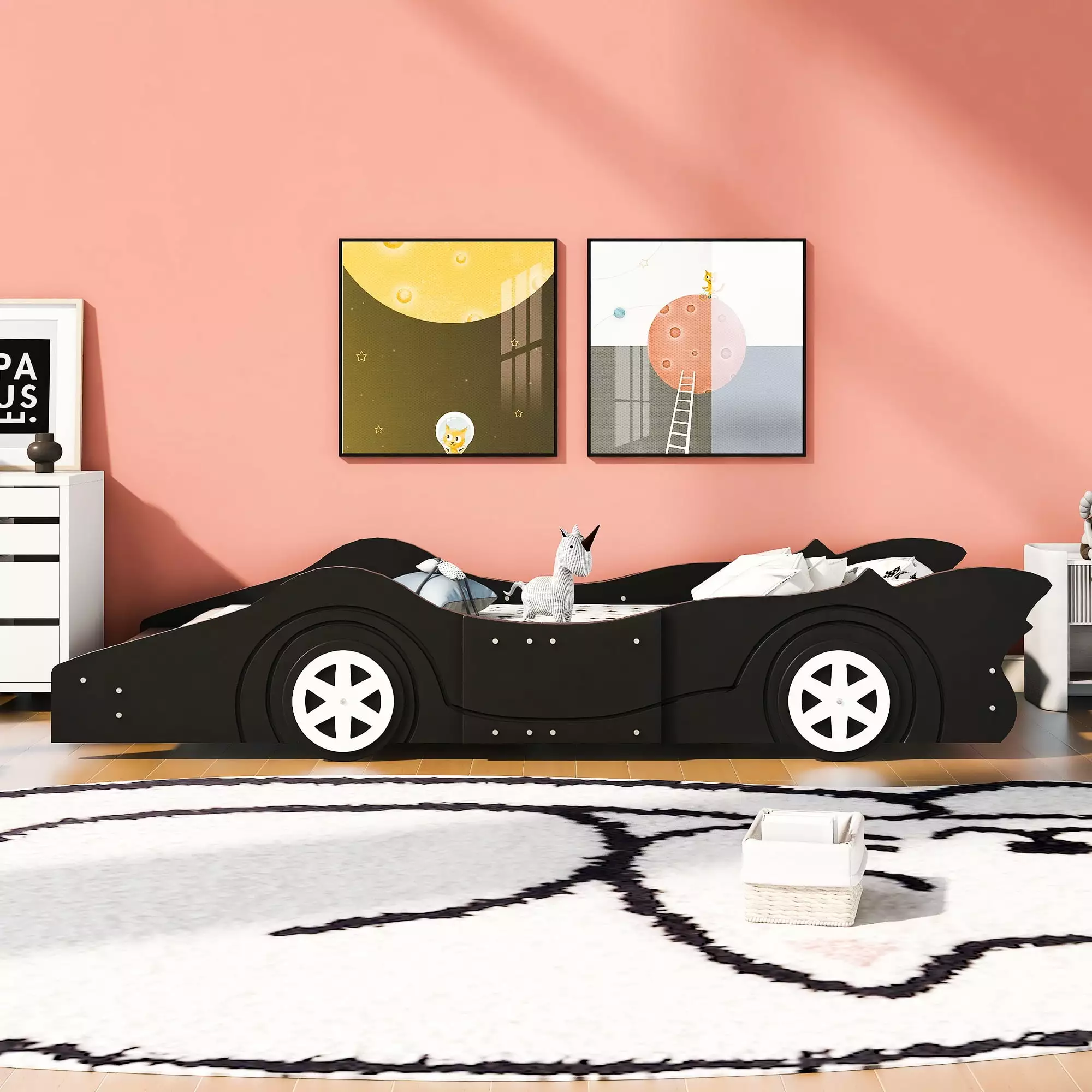 Sesslife Car Shaped Twin Size Platform Bed Wheels Solid Wood Bed Kids Boys Girls No Box Spring Needed Race Car Bed Frame B...