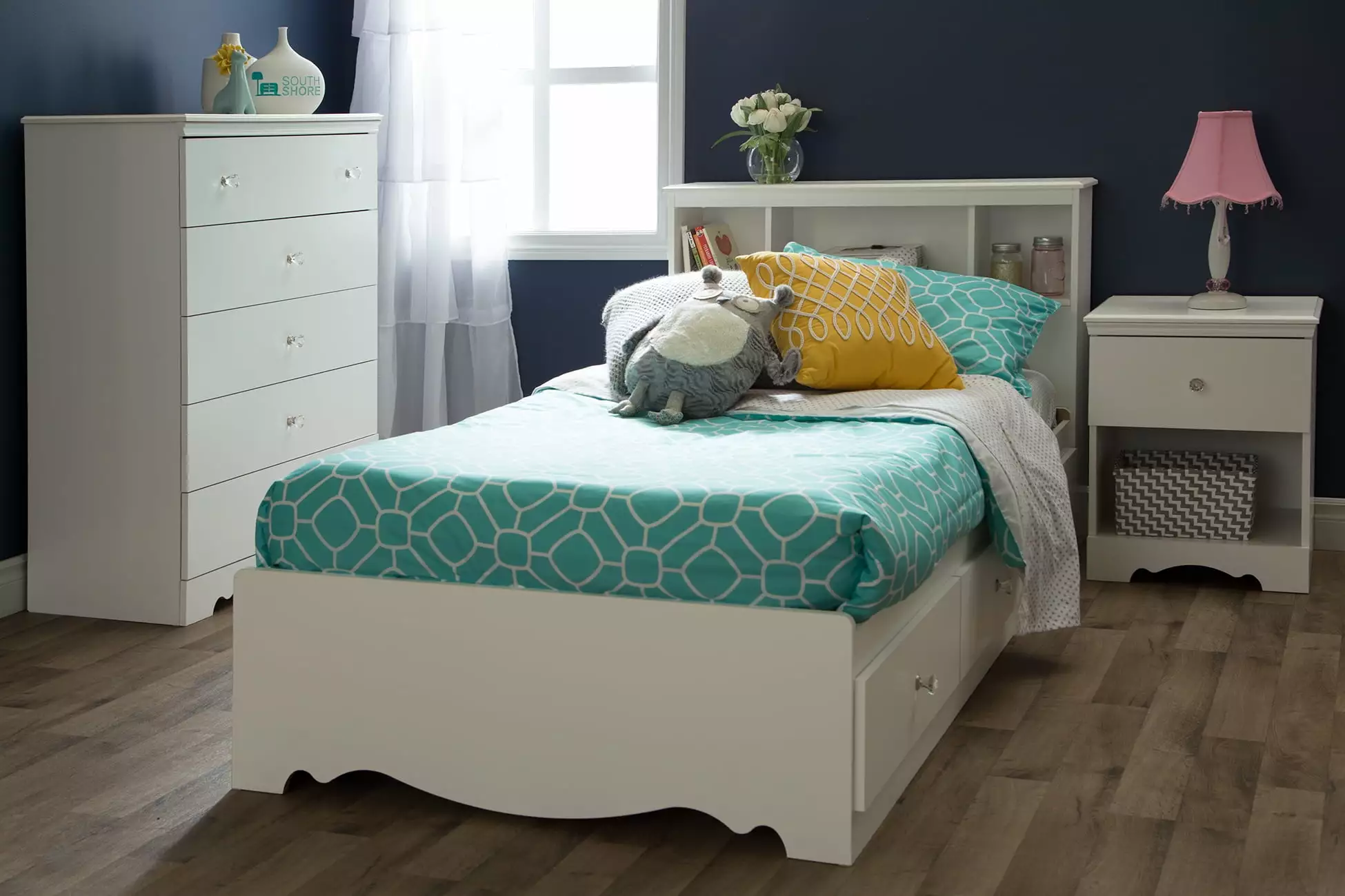 South Shore Crystal Twin Mates Bed Pure White Modern Kids Bedroom Furniture Simple Design